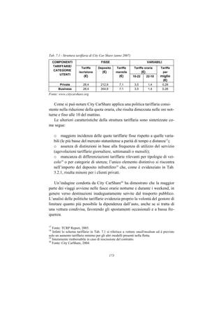 Tab. 7.1 - Struttura tariffaria di City Car Share (anno 2007)
     COMPONENTI                        FISSE                                  VARIABILI
     TARIFFARIE/
                        Tariffa     Deposito        Tariffa     Tariffa oraria        Tariffa
      CATEGORIE
                      iscrizione        (€)         mensile             (€)            per
         UTENTI
                          (€)                         (€)       10-22         22-10   miglio
                                                                                       (€)
         Private         28,4         212,9           7,1        3,5           1,4        0,28
        Business         28,4         354,9           7,1        3,5           1,4        0,28
Fonte: www.citycarshare.org


   Come si può notare City CarShare applica una politica tariffaria consi-
stente nella riduzione della quota oraria, che risulta dimezzata nelle ore not-
turne e fino alle 10 del mattino.
   Le ulteriori caratteristiche della struttura tariffaria sono sintetizzate co-
me segue:

     o maggiore incidenza delle quote tariffarie fisse rispetto a quelle varia-
     bili (le più basse del mercato statunitense a parità di tempo e distanza17);
     o assenza di distinzioni in base alla frequenza di utilizzo del servizio
     (agevolazioni tariffarie giornaliere, settimanali o mensili);
     o mancanza di differenziazioni tariffarie rilevanti per tipologie di vei-
     colo18 o per categorie di utenza; l’unico elemento distintivo si riscontra
     nell’importo del deposito infruttifero19 che, come è evidenziato in Tab.
     3.2.1, risulta minore per i clienti privati.

   Un’indagine condotta da City CarShare20 ha dimostrato che la maggior
parte dei viaggi avviene nelle fasce orarie notturne e durante i weekend, in
genere verso destinazioni inadeguatamente servite dal trasporto pubblico.
L’analisi delle politiche tariffarie evidenzia proprio la volontà del gestore di
limitare quanto più possibile la dipendenza dall’auto, anche se si tratta di
una vettura condivisa, favorendo gli spostamenti occasionali e a bassa fre-
quenza.

17
   Fonte: TCRP Report, 2005.
18
   Infatti lo schema tariffario in Tab. 7.1 si riferisce a vetture small/medium ed è previsto
solo un aumento tariffario minimo per gli altri modelli presenti nella flotta.
19
   Interamente rimborsabile in caso di rescissione del contratto.
20
   Fonte: City CarShare, 2004.


                                              173
 