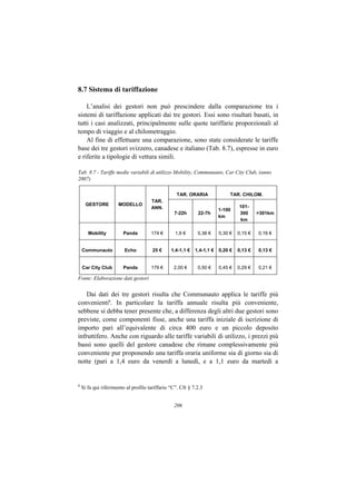 8.7 Sistema di tariffazione

    L’analisi dei gestori non può prescindere dalla comparazione tra i
sistemi di tariffazione applicati dai tre gestori. Essi sono risultati basati, in
tutti i casi analizzati, principalmente sulle quote tariffarie proporzionali al
tempo di viaggio e al chilometraggio.
    Al fine di effettuare una comparazione, sono state considerate le tariffe
base dei tre gestori svizzero, canadese e italiano (Tab. 8.7), espresse in euro
e riferite a tipologie di vettura simili.

Tab. 8.7 - Tariffe medie variabili di utilizzo Mobility, Communauto, Car City Club, (anno
2007)

                                                   TAR. ORARIA               TAR. CHILOM.
                                      TAR.
      GESTORE         MODELLO                                                    101-
                                      ANN.                              1-100
                                                  7-22h      22-7h               300      >301km
                                                                        km
                                                                                  km

       Mobility         Panda         174 €       1,6 €      0,36 €     0,30 €   0,15 €   0,16 €


    Communauto           Echo          25 €     1,4-1,1 €   1,4-1,1 €   0,20 €   0,13 €   0,13 €


    Car City Club       Panda         179 €      2,00 €      0,50 €     0,45 €   0,29 €   0,21 €

Fonte: Elaborazione dati gestori


    Dai dati dei tre gestori risulta che Communauto applica le tariffe più
convenienti8. In particolare la tariffa annuale risulta più conveniente,
sebbene si debba tener presente che, a differenza degli altri due gestori sono
previste, come componenti fisse, anche una tariffa iniziale di iscrizione di
importo pari all’equivalente di circa 400 euro e un piccolo deposito
infruttifero. Anche con riguardo alle tariffe variabili di utilizzo, i prezzi più
bassi sono quelli del gestore canadese che rimane complessivamente più
conveniente pur proponendo una tariffa oraria uniforme sia di giorno sia di
notte (pari a 1,4 euro da venerdì a lunedì, e a 1,1 euro da martedì a


8
    Si fa qui riferimento al profilo tariffario “C”. Cfr § 7.2.3


                                                 206
 