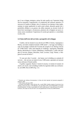 per il suo sviluppo strategico, prima fra tutte quella con l’operatore belga
che ha consentito l’esportazione e la traduzione del software operativo. Il
successo di Cambio in Belgio, dove il sistema di car sharing è stato imple-
mentato in tempi rapidissimi in molti centri urbani, dimostra quindi che è
preferibile affidarsi a un gestore che abbia maturato un elevato livello di
know-how tecnologico e di processo, piuttosto che sviluppare un nuovo si-
stema senza considerare l’esperienza di società già operative e consolidate
in altre città.


2.2 Stato dell’arte del servizio e prospettive di sviluppo

   Cambio, che ha iniziato la sua attività nel 2000 a Colonia, Aquisgrana e
Brema, servendo complessivamente 4.800 utenti11, è ad oggi una holding a
capo di un gruppo costituito da 9 società che erogano il car sharing a favore
di 12.000 utenti12 nelle città tedesche di Amburgo, Aquisgrana, Bielefeld,
Brema, Bremerhaven, Colonia, Oldenburg e Saarbrucken, e nelle città bel-
ghe di Anversa, Bruges, Bruxelles, Gent, Lovanio, Liegi, Namur, e Otti-
gnies/Louvain-la-Neuve13.

   Vi sono poi altre 4 società – che hanno con la holding un contratto di
servizio – che servono un totale di circa 5.000 utenti, operando sul mercato
senza utilizzare il brand cambio.
   Il grafico seguente illustra il trend di crescita, in termini di numero di
utenti e di veicoli, che la holding Cambio ha registrato dalla sua costituzio-
ne, nel 2000, fino al 2005 (Fig. 2.1).




11
   Quando non indicato diversamente, la fonte dei dati riportati nel presente paragrafo è
Schwarz, 2005.
12
    Dato relativo all’anno 2005.
13
   In queste città belghe è stato rilevato che, a metà 2006, Cambio erogava il servizio di car
sharing a favore di circa 1.720 abbonati, con una flotta di 80 veicoli disponibili in 34 punti
di stazionamento. Si tratta in prevalenza di centri medio-piccoli, come nel caso di Louvain-
la-Neuve, che copre un’area di 6 km2 con una popolazione di meno di 20.000 abitanti.


                                             76
 