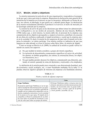 Introducción a la dirección estratégica
135
© Ediciones Pirámide
3.3.1. Misión, visión y objetivos
-BNJTJÓOSFQSFTFOUBMBSB[ÓOEFTFSEFVOBPSHBOJ[BDJÓOZSFTQPOEFSÎBBMBQSFHVO-
UBEFQPSRVÊZQBSBRVÊFYJTUFMBFNQSFTB3FQSFTFOUBMBEFDMBSBDJÓONÃTHFOFSBMEFMB
JOUFODJÓOEFMBFNQSFTBFOFMFOUPSOPFORVFTFFODVFOUSB
EFGJOJFOEPTVGPSNBEFBD-
UVBS
TVTWBMPSFT
TVJEFPMPHÎB
MPRVFRVJFSFTFSZBEÓOEFRVJFSFMMFHBS-BEFDMBSBDJÓO
EFMBNJTJÓOOPSNBMNFOUFJEFOUJGJDBFMQSPEVDUPPFMTFSWJDJP
FMOJDIPEFNFSDBEPZP
MBUFDOPMPHÎBVUJMJ[BEBQPSMBFNQSFTB
-BNJTJÓOIBEFTFSWJSEFHVÎBFOMBTEFDJTJPOFTRVFEFCFOUPNBSMPTBENJOJTUSBEP-
SFTPUSBCBKBEPSFTZFOTVTNPEPTEFBDUVBDJÓOEFNÃTEFFTUBGVODJÓO
3PCCJOT
	
JOEJDBRVF
BOJWFMJOUFSOP
MBNJTJÓOEFCFEBSBMQFSTPOBMEFMBFNQSFTBVOB
DPNQSFOTJÓOEFMPTPCKFUJWPTQFSTFHVJEPTZ
SFTQFDUPBMFOUPSOP
DPOUSJCVJSBMBDSFBDJÓO
EFVODMJNBEFDPOGJBO[BFYQMJDBOEPFMQBQFMFDPOÓNJDPZTPDJBMRVFMBFNQSFTBFKFS-
DFøFOMBTPDJFEBETEFDJS
MBNJTJÓOIBEFBTFHVSBSTFEFRVFUPEPFMNVOEPFOMBFN-
QSFTBMBFOUJFOEBZTFTJFOUBQBSUÎDJQF6OBNJTJÓODPOGVTBFTJOEJDBUJWBEFRVFVOB
FNQSFTBOPTBCFBEÓOEFWB	WÊBTFMBMFDUVSBTPCSF4UFWF+PCTZMBNJTJÓOEFQQMF

$PNPTFSFDPHFFO*CPSSBFUBM	

MBDBMJEBEEFMBNJTJÓOTFQVFEFWBMPSBSUF-
niendo en cuenta tres aspectos:
a
 ORVÊNFEJEBMBNJTJÓODPOTJEFSBBHSVQPTEFJOUFSÊTFTQFDÎGJDPT
b
 -BJODMVTJÓOEFEFUFSNJOBEPTDPNQPOFOUFTFTQFDÎGJDPT	FMTFDUPSEFBDUJWJEBE

MPTDMJFOUFT
TVøÃNCJUPHFPHSÃGJDP
TVTWBMPSFT
MBPSJFOUBDJÓOGVUVSB
MPTPCKFUJ-
WPTGJOBODJFSPT
FUD

c
 ORVÊNFEJEBQFSNJUFBMDBO[BSMPTPCKFUJWPT
DPNVOJDBOEPVOBEJSFDDJÓO
BTJT-
UJFOEPBMDPOUSPM
HVJBOEPMBUPNBEFEFDJTJPOFTZNPUJWBOEPBMPTFN
QMFBEPT
-BEFGJOJDJÓOEFMBNJTJÓOQVFEFFTUBSPSJFOUBEBBVOBEFUFSNJOBEBGJOBMJEBE
TJFO-
EPFDPOÓNJDB
TPDJBM
FDPMÓHJDB
FUD
PUFOFSGJOBMJEBEFTNÙMUJQMFTOMBUBCMBTF
QVFEFOPCTFSWBSBMHVOPTFKFNQMPTEFNJTJPOFTEFFNQSFTBTDPOGJOBMJEBEFTEJTUJOUBT
5#-
Visión y misión de algunas empresas
Misión Visión
Grupo Telefónica
MQSPQÓTJUPEFM(SVQP5FMFGÓOJDBFTTFSMBPQF-
SBEPSBNVOEJBMEFUFMFDPNVOJDBDJPOFTRVFHFOF-
SFNBZPSDPOGJBO[BQPSTVQSPCBEBDBQBDJEBEEF
DVNQMJSDPOMPTDPNQSPNJTPTBERVJSJEPTDPOTVT
clientes, empleados, accionistas y con la sociedad
EFMPTQBÎTFTFOMPTRVFPQFSBMFNQFÒPEFMB
DPNQBÒÎBFTPCUFOFSMBTBUJTGBDDJÓOEFTVTDMJFO-
UFTDPNPÙOJDBWÎBQPTJCMFEFDSFDJNJFOUPZDSFB-
DJÓOEFWBMPSQBSBUPEPTTVTHSVQPTEFJOUFSÊT
M(SVQP5FMFGÓOJDBBTQJSBBTJUVBSTFFOUSFMBT
primeras operadoras de telecomunicaciones del
mundo y ser reconocida como un grupo multi-
EPNÊTUJDP
MÎEFSZDFSDBOP
DBQB[EFTFSHMPCBM
ZMPDBM
HSBOEFZBDDFTJCMFBMBWF[
 