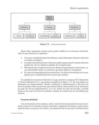 Diseño organizativo
351
© Ediciones Pirámide
Stalker (1961), se distingue entre estructuras mecánicas, en concreto se analizan la bu-
rocracia profesional y maquinal, y estructuras orgánicas, donde se hará referencia ex-
presa a la adhocracia y a algunas de las principales formas estructurales nuevas.
Antes de pasar a analizar distintas configuraciones organizativas es importante des-
tacar que las formas estructurales aquí analizadas son modelos básicos, teóricamente
ideales, pero que son únicamente modelos, es decir, representaciones simplificadas de la
realidad, debiendo ser conscientes de que las estructuras organizativas reales aparecerán
como mezcla de los modelos aquí analizados, siendo difícil contemplarlos como tales
en la realidad empresarial, puesto que ésta es mucho más compleja que los aspectos
teóricos. Por tanto, las fórmulas estructurales analizadas no deben entenderse como
esquemas de obligada elección, sino como guías que apoyen la búsqueda de las solucio-
nes estructurales más adecuadas en cada situación concreta.
7.4.1. Configuraciones organizativas según el criterio
de departamentalización
Estructura simple
La estructura simple es la forma característica que adoptan las empresas peque-
ñas en su fase de inicio y se caracteriza porque no se apoya en ningún tipo de depar-
tamentalización, estando compuesta únicamente por ápice estratégico y núcleo de
operaciones.
Las características más importantes de esta forma estructural son las siguientes:
1. Mínima división del trabajo (escasa especialización horizontal), por lo que las
tareas son fácilmente intercambiables entre los individuos.
2. Formalización escasa. La inexistencia de normas supone la adopción como
mecanismo de coordinación de la supervisión directa.
3. Fuerte centralización de la autoridad que se concentra en el ápice estratégico.
4. No existe ningún criterio de departamentalización y el conjunto de trabajadores
se mezcla en un grupo único.
5. No existe ni staff de apoyo ni tecnoestructura; prácticamente carece de línea
media, de manera que esta estructura consta de poco más que el ápice estraté-
gico y el núcleo de operaciones.
Empleados
Dirección general
Figura 7.11. Estructura simple.
 