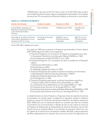 Aprendizaje y mediación pedagógica 
con tecnologías digitales 
148 
156,596 aulas y que para el 2012 la meta a cubrir es de 301,593 aulas, es decir, 
casi el doble de aulas de medios. Algunos antecedentes relacionados con el objetivo 
de acercar las TIC a los alumnos de Educación Básica, se mencionan a continuación. 
Cuadro no. 1. Indicadores del Objetivo 3 
Fuente: PSE, 2007 y adaptado por la autora. 
Es a partir de 1983 que se generaron Programas que pretendían el mismo objetivo 
(SEP, 2009), algunos de ellos son los siguientes: 
A. Proyectos/Programas con la intención de integrar la computadora en el aula: 
1) Computación Electrónica en la Educación Básica (COEBA), en 1985. 
2) Secundarias para el Siglo XXI (SEC 21), en 1998. 
B. Proyectos/Programas con el propósito de elevar la calidad de la Educación 
Básica: 
1) Red Escolar (SEP-ILCE), en 1997. 
2) Enciclomedia, en 2003. 
3) Habilidades digitales para todos, en 2007. 
C. Proyectos/Programas para ampliar la cobertura educativa y de información: 
1) Red Satelital de Televisión Educativa, (Edusat) en 1994/5. 
2) Biblioteca Digital de Red Escolar, ILCE, en 1997 
3) Portal Sepiensa, en 1996. 
D. Proyectos/Programas para apoyar contenidos disciplinares específicos: 
1) Proyecto Galileo, SEP-Fundación Arturo Rosenblueth, en 1983. 
2) La Enseñanza de las Matemáticas con Tecnología (EMAT), en 1997. 
3) Enseñanza de las Ciencias con Tecnología (ECIT), en 1997. 
4) Enseñanza de las Ciencias a través de Modelos Matemáticos (ECAMM), en 1997. 
5) El proyecto de Enseñanza de la Física con Tecnología (EFIT), en 1997. 
La implementación de estos Proyectos y Programas tenían el propósito de acercar 
la tecnología a la escuela, elevar la calidad de la educación, ampliar la cobertura 
educativa y apoyar los contenidos disciplinares específicos de algunas asignaturas 
(SEP, 2009), pero por la experiencia laboral se considera que sólo han marcado 
una tendencia de uso herramental, un ejemplo de ello es que cuando se inició con 
el Programa de Red Escolar, la Subsecretaría de Servicios Educativos para el D.F., 
ofreció Cursos de Cómputo Básico a los docentes de educación básica, los cua-les 
“partían de la historia de la computación, trataban MS-DOS y alguna aplicación 
de Office, dependiendo de la duración del curso era el número de aplicaciones de 
Nombre del indicador 
Aula de Medios equipadas con 
telemática educativa para Primarias 
y Secundarias Generales y 
Técnicas. 
Porcentaje de docentes de Primaria 
y Secundaria capacitados en el uso 
educativo de TIC en el aula. 
Unidad de medida 
Aulas de Medios. 
Porcentaje de docentes 
capacitados. 
Situación en 2006 
156,596 aulas (51.9%). 
220,000 o sea el 
24.2% de docentes 
capacitados. 
Meta 2012 
301,593 aulas 
(100%). 
682,125 o sea el 
75% de docentes 
capacitados. 
 