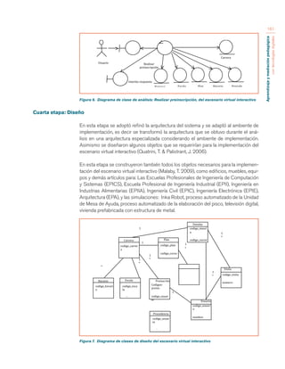 Aprendizaje y mediación pedagógica 
con tecnologías digitales 
161 
Figura 6. Diagrama de clase de análisis: Realizar preinscripción, del escenario virtual interactivo 
Cuarta etapa: Diseño 
En esta etapa se adoptó refinó la arquitectura del sistema y se adaptó al ambiente de 
implementación, es decir se transformó la arquitectura que se obtuvo durante el aná-lisis 
en una arquitectura especializada considerando el ambiente de implementación. 
Asimismo se diseñaron algunos objetos que se requerirían para la implementación del 
escenario virtual interactivo (Quatrini, T. & Palistrant, J. 2006). 
En esta etapa se construyeron también todos los objetos necesarios para la implemen-tación 
del escenario virtual interactivo (Malaby, T. 2009), como edificios, muebles, equi-pos 
y demás artículos para: Las Escuelas Profesionales de Ingeniería de Computación 
y Sistemas (EPICS), Escuela Profesional de Ingeniería Industrial (EPII), Ingeniería en 
Industrias Alimentarias (EPIIA), Ingeniería Civil (EPIC), Ingeniería Electrónica (EPIE), 
Arquitectura (EPA), y las simulaciones: Inka Robot, proceso automatizado de la Unidad 
de Mesa de Ayuda, proceso automatizado de la elaboración del pisco, televisión digital, 
vivienda prefabricada con estructura de metal. 
Figura 7. Diagrama de clases de diseño del escenario virtual interactivo 
Realizar 
preinscripción 
Usuario 
Carrera 
Interfaz 
respuesta 
Plan 
Horario 
Procede 
ncia 
Preinscr Escala 
ito 
Carrera 
Plan 
Simulac 
ión 
Horario 
Preinscrito 
Visita 
Procedencia 
Escala 
Usuario 
* 
1 
1 
1 
1 
* 
1 
* 
1 
* 
1 
* 
1 
* 
1 
1 
codigo_carrer 
a 
nombre_carr 
era 
codigo_facult 
ad 
codigo_plan 
codigo_curso 
codigo_carrer 
a 
titulo-­‐plan 
Curso 
codigo_curso 
codigo_plan 
nombre-­‐cuso 
horas-­‐cursot 
codigo_simul 
a 
codigo_carrer 
a 
nombre-­‐ 
simula 
tipo-­‐ 
simulacion 
codigo_usuari 
o 
nombre-­‐ 
usuario 
apellido-­‐ 
usuario 
edad-­‐usuario 
sexo-­‐usuario 
codigo_visita 
numero-­‐ 
visita 
ccodigo-­‐ 
usuario 
código-­‐ 
simula 
codigo_horari 
o 
codigo-­‐ 
carrera 
hora 
codigo_esca 
la 
codigo-­‐ 
carrera 
titulo-­‐ 
escala 
monto-­‐ 
escala 
Codigoo-­‐ 
preins 
codigo_usuar 
io 
codigo-­‐ 
carrera 
codigo-­‐ 
proced 
numero-­‐ 
convoca 
codigo_usuar 
io 
codigo-­‐ 
proced 
colegio 
tipo-­‐colegio 
1 
* 
 