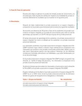 Aprendizaje y mediación pedagógica 
con tecnologías digitales 
165 
5. Fase IV: Fase de aplicación 
Durante esta etapa se aplicaron la prueba de entrada, prueba de conocimiento y la 
encuesta para medir el grado de satisfacción respecto a la modalidad de jornada vo-cacional, 
obteniendo los resultados que se muestran en el siguiente punto. 
6. Resultados 
Después de haber implementado la jornada vocacional en un espacio integrado y 
compararse con la jornada vocacional presencial se tuvieron los siguientes resultados: 
Se encontró una diferencia de 30 puntos a favor de los asistentes a la jornada voca-cional 
en el espacio integrado en la prueba de conocimientos para medir el nivel de 
aprendizaje, que equivale a un 25.4% más que el grupo de la jornada presencial. 
El tiempo del proceso de aprendizaje de los asistentes a la jornada vocacional en el 
espacio integrado fue menor al utilizado por los asistentes a la jornada vocacional 
presencial tradicional. 
Los interesados asistentes a la jornada vocacional en el espacio integrado de la FIA-USMP 
mostraron mayor interés e indicaron mayor satisfacción en comparación a los 
interesados que asistieron a las jornadas vocacionales presenciales, debido a que no 
sólo fueron observadores pasivos sino que pudieron interactuar con las diferentes 
simulaciones mostradas, demostraron sus habilidades y que están familiarizados con 
el uso de la tecnología. 
En la jornada vocacional en el espacio integrado FIA-USMP se logró una gestión más 
eficiente, se facilitó el trabajo del personal y los interesados a comparación de la 
jornada vocacional presencial tradicional. 
Se eliminó el tiempo que demoraban los interesados y el personal en asistir al local de 
la FIA-USMP, en la jornada vocacional en el espacio integrado FIA-USMP. 
El gasto realizado por la facultad en la jornada vocacional en el espacio integrado FIA-USMP 
fue en un 90% menor al de la jornada vocacional presencial. Se eliminaron 
también los gastos de transporte de los trabajadores e interesados. 
Tabla 1. Grupos de Estudio No. estudiantes 
Jornada vocacional en el espacio virtual integrado 48 
Jornada vocacional presencial tradicional 48 
 