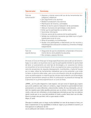 Aprendizaje y mediación pedagógica 
con tecnologías digitales 
357 
Tipo de tutor 
Tutor de 
comunicación 
Tutor de 
soporte técnico 
Funciones 
• Asesorar y orientar acerca del uso de las herramientas tec-nológicas 
y didácticas 
• Dar seguimiento a los alumnos 
• Realizar la evaluación a los alumnos 
• Planificación de horarios y actividades 
• Motivar al alumno para la realización de las actividades 
• Adecuar el proceso de aprendizaje a cada alumno 
• Evitar que los participantes se sientan solos 
• Suministrar información 
• Informar acerca de los avances de los participantes 
• Señalar las condiciones necesarias que debe reunir el parti-cipante 
para iniciar el curso 
• Aliviar la ansiedad y la incertidumbre 
• Ayudar a los participantes a relacionarse con los recursos y 
metodología de la educación a distancia y fomentar el trabajo 
independiente 
• Asegurarse de que los estudiantes comprendan el funciona-miento 
técnico de la plataforma educativa. 
• Dar consejos y apoyos técnicos. 
Al iniciar un Curso en línea que no tenga especificaciones acerca del uso de la tecno-logía, 
no se sabe si es la primera vez en que los participantes tendrán la oportunidad 
de tener un acercamiento con este tipo de tecnologías y en ocasiones los tutores 
se encuentran en la misma situación. Al ser una experiencia nueva, se producen una 
serie de sensaciones de angustia, desesperación, incertidumbre y hasta de fracaso 
por no saber utilizar las herramientas mediadoras que se les presentan y por ende 
no tener un dominio sobre estas, pero no es una situación única de una generación, 
como se podría esperar, no importa que tan cercana sea la relación con la tecnología, 
el primer acercamiento siempre es difícil. A continuación se presenta el mensaje de 
2 personas en su primera experiencia en un curso en línea: 
ufffffffff,,,, por fin pude integrarme a este espacio, creí que nunca lo lograría jijij y espero 
que pronto podamos estar todos en contacto y seguir teniendo la oportunidad de tener 
acercamiento con estos diferentes y desconocidos medios. Es muy interesante, y de ver-dad 
mis respetos para todas aquellas personas que se animan a tomar cursos, por este 
medio y más aún por enfrentarse a la tecnología para dominarla ya que hoy nos estamos 
dando cuenta que no es cosa fácil perderles el miedo y poder hacer buen uso de ellas. 
Bueno no tengo más que decir, sólo un gran saludo a todos. 
Mujer, 21 años 
Disculpa la molestia, pero no tengo mucha habilidad con esto de las tareas en línea y en 
base a experiencias no muy agradables mi duda es: según yo ya contesté mi examen y al 
final apareció mi calificación de 9.5 
¿es la calificación del módulo o del examen? 
 