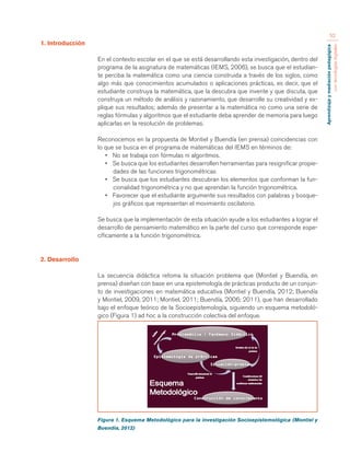 Aprendizaje y mediación pedagógica 
con tecnologías digitales 
52 
1. Introducción 
En el contexto escolar en el que se está desarrollando esta investigación, dentro del 
programa de la asignatura de matemáticas (IEMS, 2006), se busca que el estudian-te 
perciba la matemática como una ciencia construida a través de los siglos, como 
algo más que conocimientos acumulados o aplicaciones prácticas, es decir, que el 
estudiante construya la matemática, que la descubra que invente y que discuta, que 
construya un método de análisis y razonamiento, que desarrolle su creatividad y ex-plique 
sus resultados; además de presentar a la matemática no como una serie de 
reglas fórmulas y algoritmos que el estudiante deba aprender de memoria para luego 
aplicarlas en la resolución de problemas. 
Reconocemos en la propuesta de Montiel y Buendía (en prensa) coincidencias con 
lo que se busca en el programa de matemáticas del IEMS en términos de: 
• No se trabaja con fórmulas ni algoritmos. 
• Se busca que los estudiantes desarrollen herramientas para resignificar propie-dades 
de las funciones trigonométricas 
• Se busca que los estudiantes descubran los elementos que conforman la fun-cionalidad 
trigonométrica y no que aprendan la función trigonométrica. 
• Favorecer que el estudiante argumente sus resultados con palabras y bosque-jos 
gráficos que representan el movimiento oscilatorio. 
Se busca que la implementación de esta situación ayude a los estudiantes a lograr el 
desarrollo de pensamiento matemático en la parte del curso que corresponde espe-cíficamente 
a la función trigonométrica. 
2. Desarrollo 
La secuencia didáctica retoma la situación problema que (Montiel y Buendía, en 
prensa) diseñan con base en una epistemología de prácticas producto de un conjun-to 
de investigaciones en matemática educativa (Montiel y Buendía, 2012; Buendía 
y Montiel, 2009, 2011; Montiel, 2011; Buendía, 2006; 2011), que han desarrollado 
bajo el enfoque teórico de la Socioepistemología, siguiendo un esquema metodoló-gico 
(Figura 1) ad hoc a la construcción colectiva del enfoque. 
Figura 1. Esquema Metodológico para la investigación Socioepistemológica (Montiel y 
Buendía, 2012) 
 