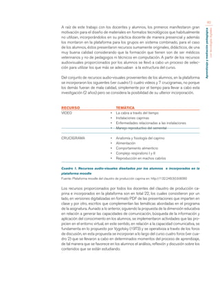 Aprendizaje y mediación pedagógica 
con tecnologías digitales 
82 
A raíz de este trabajo con los docentes y alumnos, los primeros manifestaron gran 
motivación para el diseño de materiales en formatos tecnológicos que habitualmente 
no utilizan, incorporándolos en su práctica docente de manera presencial y además 
los montaron en la plataforma para los grupos en sistema combinado, para el caso 
de los alumnos, éstos presentaron recursos sumamente originales, didácticos, de una 
muy buena calidad considerando que la formación que tienen son de ser médicos 
veterinarios y no de pedagogos ni técnicos en computación. A partir de los recursos 
audiovisuales proporcionados por los alumnos se llevó a cabo un proceso de selec-ción 
para utilizar los que más se adecuaban a la estructura del curso. 
Del conjunto de recursos audio-visuales provenientes de los alumnos, en la plataforma 
se incorporaron los siguientes (ver cuadro1): cuatro videos y 7 crucigramas, no porque 
los demás fueran de mala calidad, simplemente por el tiempo para llevar a cabo esta 
investigación (2 años) pero se considera la posibilidad de su ulterior incorporación. 
RECURSO TEMÁTICA 
VIDEO • La cabra a través del tiempo 
• Instalaciones caprinas 
• Enfermedades relacionadas a las instalaciones 
• Manejo reproductivo del semental 
CRUCIGRAMA • Anatomía y fisiología del caprino 
• Alimentación 
• Comportamiento alimenticio 
• Complejo respiratorio I y II 
• Reproducción en machos cabríos 
Cuadro 1. Recursos audio-visuales diseñados por los alumnos e incorporados en la 
plataforma moodle 
Fuente: Plataforma moodle del claustro de producción caprina en: http://132.248.50.9:8080 
Los recursos proporcionados por todos los docentes del claustro de producción ca-prina 
e incorporados en la plataforma son en total 22, los cuales consistieron por un 
lado, en versiones digitalizadas en formato PDF de las presentaciones que imparten en 
clase y por otro, escritos que complementan las temáticas abordadas en el programa 
de la asignatura. Aunado a lo anterior, siguiendo la propuesta de la dimensión educativa 
en relación a generar las capacidades de comunicación, búsqueda de la información y 
aplicación del conocimiento en los alumnos, se implementaron actividades que las pro-picien 
en el entorno virtual, en este sentido, en relación a la capacidad comunicativa, se 
fundamenta en lo propuesto por Vygotsky (1973) y se operativiza a través de los foros 
de discusión, en esta propuesta se incorporan a lo largo del curso cuatro foros (ver cua-dro 
2) que se llevaron a cabo en determinados momentos del proceso de aprendizaje, 
de tal manera que se favorece en los alumnos el análisis, reflexión y discusión sobre los 
contenidos que se están estudiando. 
 