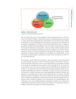 Aprendizaje y mediación pedagógica 
con tecnologías digitales 
99 
Gráfica 2. Elementos del AE 
Tomado de www.aprendizajeexperiencial.com 
Así, al analizar este proceso que propone la AE, la pregunta básica es como lle-varlo 
a los medios virtuales y desarrollar procesos de aprendizaje que promuevan 
no solo la generación de percepciones diferenciales, sino la estructura que implica 
el desarrollo de una metodología transformadora y que permite la asimilación de 
conceptos y habilidades con un gran nivel de efectividad. Ahora bien, si hablamos 
de medios virtuales para el aprendizaje, como los mundo virtuales tipo Second Life, 
esta pregunta sería fácil de responder, dado que estos medios pueden generar 
escenarios lo suficienteme interactivos para poner en juego un sin número de per-cepciones, 
ideas y confrontar paradigmas en las personas, además al ser medios 
altamente innovadores, logran enganchar con facilidad a los participantes y crear 
estructuras de aprendizaje y transferencia de fácil vía de asimilación, al menos en 
sus conceptos básicos. 
Sin embargo cuando hablamos de medios un poco mas planos, como el desarrollo 
de aulas virtuales que tienen niveles interactivos básicos como Chats y Foros, el 
éxito de transferir la AE, tiene que ver con el desarrollo de la propuesta formativa 
en sí misma, la cual debe tener en cuenta no solo la entrega de un sin número de 
conocimientos y las instrucciones básicas para el desarrollo de la habilidad, sino 
contar con un mecanismo de estructuración encaminado a generar niveles de mo-tivación 
escalonada, que vaya en un crescendo, es decir no solo que las personas 
se interesen en el tema y piensen que es algo agradable de estudiar y asimilar, sino 
además en la medida que se vayan involucrando, generar un proceso complejo 
donde se mezclen motivadores intrínsecos y extrínsecos como los son el manejo de 
retos, el desafío de paradigmas, el mejoramiento de procesos personales, la trans-ferencia 
sobre procesos cotidianos y los mecanismos de retroalimentación que 
involucran al ser como fortalecimiento de autoestima, desafío a los mecanismos 
intelectuales, mejoramiento de los procesos de análisis o la creación de riesgos de 
trabajo en términos de desafiar los limites estructurados. 
 