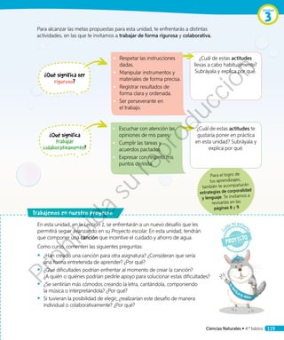 Para el logro de
tus aprendizajes,
también te acompañarán
estrategias de corporalidad
y lenguaje. Te invitamos a
revisarlas en las
páginas 8 y 9.
rabajemos en nuestro proyecto
¿Cuál de estas actitudes
llevas a cabo habitualmente?
Subráyala y explica por qué.
•	 Respetar las instrucciones
dadas.
•	 Manipular instrumentos y
materiales de forma precisa.
•	 Registrar resultados de
forma clara y ordenada.
•	 Ser perseverante en
el trabajo.
¿Qué significa ser
riguroso?
¿Cuál de estas actitudes te
gustaría poner en práctica
en esta unidad? Subráyala y
explica por qué.
•	 Escuchar con atención las
opiniones de mis pares.
•	 Cumplir las tareas y
acuerdos pactados.
•	 Expresar con respeto mis
puntos de vista.
¿Qué significa
trabajar
colaborativamente?
Para alcanzar las metas propuestas para esta unidad, te enfrentarás a distintas
actividades, en las que te invitamos a trabajar de forma rigurosa y colaborativa.
En esta unidad, en la Lección 1, se enfrentarán a un nuevo desafío que les
permitirá seguir avanzando en su Proyecto escolar. En esta unidad, tendrán
que componer una canción que incentive el cuidado y ahorro de agua.
Como curso, comenten las siguientes preguntas:
◾◾ ¿Han creado una canción para otra asignatura? ¿Consideran que sería
una forma entretenida de aprender? ¿Por qué?
◾◾ ¿Qué dificultades podrían enfrentar al momento de crear la canción?
¿A quién o quiénes podrían pedirle apoyo para solucionar estas dificultades?
◾◾ ¿Se sentirían más cómodos creando la letra, cantándola, componiendo
la música o interpretándola? ¿Por qué?
◾◾ Si tuvieran la posibilidad de elegir, ¿realizarían este desafío de manera
individual o colaborativamente? ¿Por qué?
Ciencias Naturales • 4.º básico 119
Unidad
3
Prohibida
su
reproducción
 