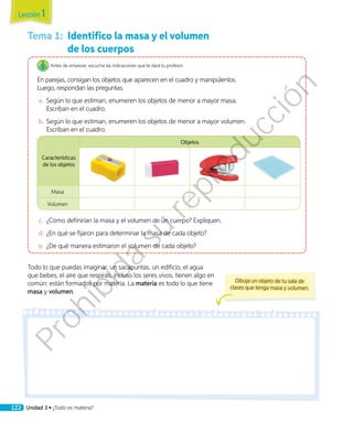 Tema 1:	 Identifico la masa y el volumen
de los cuerpos
Antes de empezar, escucha las indicaciones que te dará tu profesor.
En parejas, consigan los objetos que aparecen en el cuadro y manipúlenlos.
Luego, respondan las preguntas.
a.	 Según lo que estiman, enumeren los objetos de menor a mayor masa.
Escriban en el cuadro.
b.	Según lo que estiman, enumeren los objetos de menor a mayor volumen.
Escriban en el cuadro.
Características
de los objetos
Objetos
Masa
Volumen
c.	 ¿Cómo definirían la masa y el volumen de un cuerpo? Expliquen.
d.	¿En qué se fijaron para determinar la masa de cada objeto?
e.	 ¿De qué manera estimaron el volumen de cada objeto?
Todo lo que puedas imaginar, un sacapuntas, un edificio, el agua
que bebes, el aire que respiras, incluso los seres vivos, tienen algo en
común: están formados por materia. La materia es todo lo que tiene
masa y volumen.
Dibuja un objeto de tu sala de
clases que tenga masa y volumen.
Lección 1
122 Unidad 3 • ¿Todo es materia?
Prohibida
su
reproducción
 