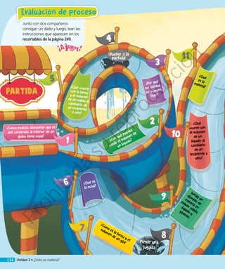 Junto con dos compañeros
consigan un dado y luego, lean las
instrucciones que aparecen en los
recortables de la página 249.
¿Qué
es lamateria?
¿Qué es
la masa?
¿Cómo podrías demostrar que el
aire contenido al interior de un
globo tiene masa?
¿Con qué puedes
medir el volumen de
un líquido?
¿Qué ocurre
con la forma
y el volumen
de un sólido alcambiarlo de
un recipiente
a otro?
¿Cómo es la forma y el
volumen de un gas? Pierde una
jugada
¡Vuelve a la
partida!
Señala un
ejemplo de
materia en
estado sólido,
líquido y
gaseoso.
¿Qué
ocurre con
el volumen
de un
líquido al
cambiarlo
de un
recipiente a
otro?
¿Por qué
los sólidos
no pueden
fluir?
134 Unidad 3 • ¿Todo es materia?
Evaluación de proceso
Prohibida
su
reproducción
 