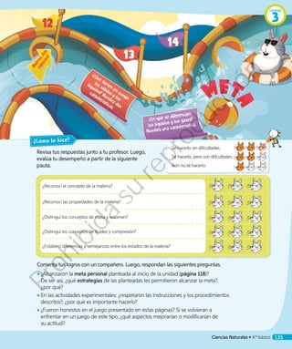 Revisa tus respuestas junto a tu profesor. Luego,
evalúa tu desempeño a partir de la siguiente
pauta.
¿Reconocí el concepto de la materia?
¿Reconocí las propiedades de la materia?
¿Distinguí los conceptos de masa y volumen?
¿Distinguí los conceptos de fluidez y compresión?
¿Establecí diferencias y semejanzas entre los estados de la materia?
¿Cómo lo hice?
Comenta tus logros con un compañero. Luego, respondan las siguientes preguntas.
◾◾ ¿Alcanzaron la meta personal planteada al inicio de la unidad (página 118)?
De ser así, ¿qué estrategias de las planteadas les permitieron alcanzar la meta?,
¿por qué?
◾◾ 	En las actividades experimentales: ¿respetaron las instrucciones y los procedimientos
descritos?, ¿por qué es importante hacerlo?
◾◾ ¿Fueron honestos en el juego presentado en estas páginas? Si se volvieran a
enfrentar en un juego de este tipo, ¿qué aspectos mejorarían o modificarían de
su actitud?
Sé hacerlo sin dificultades.
Sé hacerlo, pero con dificultades.
Aún no sé hacerlo.
¿Qué tienen en común
los sólidos y los
líquidos? Nombra dos
características.
¿En qué se diferencian
los líquidos y los gases?
Nombra una característica.
¡Avanzados
espacios!
Unidad
3
Ciencias Naturales • 4.º básico 135
Prohibida
su
reproducción
 
