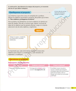 A continuación, describiremos las etapas del proyecto y el momento
del año en que deben trabajarse.
Planifiquemos el proyecto
Los invitamos a que como curso, en compañía de su profesor,
definan los objetivos que tendrá su proyecto. Recuerden que el tema
es “Nos cuidamos y protegemos el entorno”.
Para ayudarlos, les planteamos uno de los objetivos; los demás son
tarea de ustedes. Para ello, en primer lugar, realicen una lluvia de
ideas de los objetivos que les gustaría alcanzar. Luego, en conjunto
seleccionen dos de estos objetivos y regístrenlos.
Objetivos
Trabajar en equipo, cumpliendo
los compromisos y acuerdos
establecidos.
Ejecutemos el proyecto
Subproyecto 1: Jornada deportiva
¿Qué haremos?
Preparar una Jornada deportiva.
¿Cuándo lo haremos?
A lo largo de la Unidad 1, en la
Lección 1 (ver páginas 29 y 41).
¿Cómo lo haremos?
En la Misión inicial y final de la
Lección 1, tendrán que proponer
actividades deportivas que formarán
parte de la jornada y crear un
eslogan que motive a la comunidad
a participar.
Al inicio del año escolar,
antes de comenzar a
estudiar la Unidad 1.
13Ciencias Naturales • 4.º básico
Es importante que, cada cierto tiempo, vuelvan a revisar estos
objetivos para evaluar su cumplimiento y, si es necesario, los
replanteen o modifiquen.
Prohibida
su
reproducción
 
