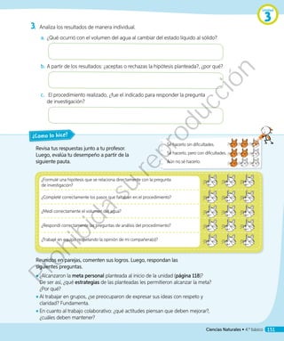 3.	Analiza los resultados de manera individual.
a.	¿Qué ocurrió con el volumen del agua al cambiar del estado líquido al sólido?
	
b.	A partir de los resultados: ¿aceptas o rechazas la hipótesis planteada?, ¿por qué?
	
c.	 El procedimiento realizado, ¿fue el indicado para responder la pregunta
de investigación?
	
Revisa tus respuestas junto a tu profesor.
Luego, evalúa tu desempeño a partir de la
siguiente pauta.
¿Formulé una hipótesis que se relaciona directamente con la pregunta
de investigación?
¿Completé correctamente los pasos que faltaban en el procedimiento?
¿Medí correctamente el volumen del agua?
¿Respondí correctamente las preguntas de análisis del procedimiento?
¿Trabajé en equipo respetando la opinión de mi compañera(o)?
¿Cómo lo hice?
Reunidos en parejas, comenten sus logros. Luego, respondan las
siguientes preguntas.
◾◾ ¿Alcanzaron la meta personal planteada al inicio de la unidad (página 118)?
De ser así, ¿qué estrategias de las planteadas les permitieron alcanzar la meta?
¿Por qué?
◾◾ 	Al trabajar en grupos, ¿se preocuparon de expresar sus ideas con respeto y
claridad? Fundamenta.
◾◾ En cuanto al trabajo colaborativo: ¿qué actitudes piensan que deben mejorar?,
¿cuáles deben mantener?
Sé hacerlo sin dificultades.
Sé hacerlo, pero con dificultades.
Aún no sé hacerlo.
Unidad
3
Ciencias Naturales • 4.º básico 151
Prohibida
su
reproducción
 