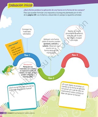 ¿Qué efectos produce la aplicación de una fuerza en la forma de los cuerpos?
Para que puedan formular una respuesta a la pregunta planteada por el niño
de la página 159. Los invitamos a desarrollar en parejas la siguiente actividad.
¿Qué necesitan?
◾◾ resorte
◾◾ palo de helado
◾◾ hoja de papel
◾◾ regla de 30 cm
¿Qué ocurre con cada uno de los
materiales al aplicarles fuerza?
¿En qué objeto se produjo uncambio en la forma al aplicarlela fuerza? ¿En cuál de ellos semantuvieron estos cambios aldejar de ejercer la fuerza?
Repitan el mismo
procedimiento anterior,
esta vez con el palo
de helado, el papel
y la regla.Apliquen una fuerza
sobre el resorte: pueden
apretarlo, estirarlo y
soltarlo. Observen qué
ocurre con su
forma después de
manipularlo.
Consigan los
materiales
solicitados.
Paso 3Paso 1
Paso 2
Precaución:
Manipulen los
materiales con cuidado,
en especial el palito de
helado y la regla, ya que
pueden romperse y
hacerles daño.
Unidad 4 • Las fuerzas de nuestro entorno160
Evaluación inicial
Prohibida
su
reproducción
 