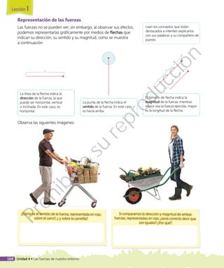 Representación de las fuerzas
Las fuerzas no se pueden ver; sin embargo, al observar sus efectos,
podemos representarlas gráficamente por medios de flechas que
indican su dirección, su sentido y su magnitud, como se muestra
a continuación.
La línea de la flecha indica la
dirección de la fuerza, la que
puede ser horizontal, vertical
o inclinada. En este caso, es
horizontal.
La punta de la flecha indica el
sentido de la fuerza. En este caso,
es hacia arriba.
El tamaño de flecha indica la
magnitud de la fuerza: mientras
mayor sea la fuerza ejercida, mayor
es la longitud de la flecha.
¿Cómo es el sentido de la fuerza, representada en rojo,
sobre el carro?, ¿ y sobre la carretilla?
Si comparamos la dirección y magnitud de ambas
fuerzas, representadas en rojo, ¿sería correcto decir que
son iguales? ¿Por qué?
Observa las siguientes imágenes:
Lean los conceptos que están
destacados e intenten explicarlos
con sus palabras a su compañero de
puesto.
Lección 1
168 Unidad 4 • Las fuerzas de nuestro entorno
Prohibida
su
reproducción
 