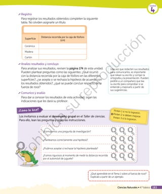 Registro
Para registrar los resultados obtenidos completen la siguiente
tabla. No olviden asignarle un título.
Superficie
Distancia recorrida por la caja de fósforo
(cm)
Cerámica
Madera
Cartón
	Analizo resultados y concluyo
Para analizar sus resultados, revisen la página 174 de esta unidad.
Pueden plantear preguntas como las siguientes: ¿Qué ocurrió
con la distancia recorrida por la caja de fósforo en las diferentes
superficies?, ¿se acepta o se rechaza la hipótesis de acuerdo con
los resultados obtenidos?, ¿qué se puede concluir respecto de la
fuerza de roce?
	Comunico y evalúo
Para dar a conocer los resultados de esta actividad, sigan las
indicaciones que les dará su profesor.
Los invitamos a evaluar el desempeño grupal en el Taller de ciencias.
Para ello, lean las preguntas y sigan las instrucciones.
¿Cómo lo hice? Pinten 1 si no lo lograron.Pinten 2 si deben mejorar.Pinten 3 si lo lograron.
¿Formulamos una pregunta de investigación?
¿Planteamos correctamente una hipótesis?
¿Pudimos aceptar o rechazar la hipótesis planteada?
¿Fuimos rigurosos al momento de medir la distancia recorrida
por el automóvil de juguete?
¿Qué aprendiste en el Tema 1 sobre al fuerza de roce?
Explícalo a partir de un ejemplo.
Una vez que redacten sus resultados
para comunicarlos, es importante
que relean su escrito y corrijan la
ortografía y la presentación. Pueden
pedirle a un compañero que lea
su escrito para comprobar si se
entiende y mejorarlo a partir de
sus sugerencias.
Unidad
4
Ciencias Naturales • 4.º básico 183
Prohibida
su
reproducción
 