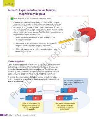 Tema 2:		Experimento con las fuerzas
magnética y de peso
Antes de empezar, escucha las indicaciones que te dará tu profesor.
1.	 Para que se produzca interacción (fuerza) entre dos cuerpos,
¿es necesario que estos se encuentren en contacto? ¿Por qué?
2.	 En parejas, consigan dos imanes, un clip, una lata de aluminio y
una regla de plástico. Luego, acerquen uno de los imanes a cada
objeto y observen lo que sucede. Regístrenlo en sus cuadernos y
respondan las siguientes preguntas.
a.	 ¿Qué diferencias observaron al acercar el imán a los
distintos materiales?
b.		¿Creen que ocurriría lo mismo si acercan dos imanes?
Hagan la prueba y comprueben su predicción.
c.	 	¿El tipo de fuerza que se evidencia actúa a distancia o por
contacto? ¿Por qué?
Fuerza magnética
Como pudieron observar, el imán tiene la capacidad de atraer ciertos
materiales, por ejemplo, el hierro (clip). Esta fuerza de atracción se
denomina fuerza magnética y actúa a distancia. También pudieron
observar que esta fuerza no actúa sobre ciertos materiales como el
plástico, el vidrio o sobre metales, como el cobre o el aluminio.
Al acercar dos imanes, es posible observar que en determinadas
posiciones estos se atraen (fuerza de atracción) y en otras se repelen
(fuerza de repulsión).
Un imán tiene dos extremos
denominados polo norte (N) y
polo sur (S).
¿Qué puedes concluir sobre los
polos opuestos: se atraen
o se repelen?, ¿y sobre los
polos iguales?
Escribe en los recuadros si la
fuerza representada por los
imanes es de atracción o
de repulsión.
Lección 2
184 Unidad 4 • Las fuerzas de nuestro entorno
Prohibida
su
reproducción
 
