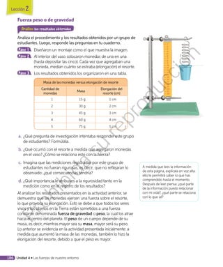 Fuerza peso o de gravedad
Analizo los resultados obtenidos
Analiza el procedimiento y los resultados obtenidos por un grupo de
estudiantes. Luego, responde las preguntas en tu cuaderno.
Paso 1 	Diseñaron un montaje como el que muestra la imagen.
Paso 2 	Al interior del vaso colocaron monedas de una en una
(hasta depositar las cinco). Cada vez que agregaban una
moneda, medían cuánto se estiraba (elongación) el resorte.
Paso 3 	Los resultados obtenidos los organizaron en una tabla.
	
Masa de las monedas versus elongación de resorte
Cantidad de
monedas
Masa
Elongación del
resorte (cm)
1 15 g 1 cm
2 30 g 2 cm
3 45 g 3 cm
4 60 g 4 cm
5 75 g 5 cm
a.	¿Qué pregunta de investigación intentaba responder este grupo
de estudiantes? Formúlala.
b.	¿Qué ocurrió con el resorte a medida que agregaron monedas
en el vaso? ¿Cómo se relaciona esto con la fuerza?
c.	 Imagina que las mediciones registradas por este grupo de
estudiantes no fueran rigurosas, es decir, que no reflejaran lo
observado: ¿qué consecuencias tendría?
d.	¿Qué importancia le atribuyes a la rigurosidad tanto en la
medición como en el registro de los resultados?
Al analizar los resultados presentados en la actividad anterior, se
demuestra que las monedas ejercen una fuerza sobre el resorte,
lo que provoca su elongación. Esto se debe a que todos los seres
vivos y los objetos en la Tierra están sometidos a una fuerza
constante denominada fuerza de gravedad o peso, la cual los atrae
hacia el centro del planeta. El peso de un cuerpo depende de su
masa, es decir, mientras mayor sea su masa, mayor será su peso.
Lo anterior se evidencia en la actividad presentada inicialmente: a
medida que aumentó la masa de las monedas, también lo hizo la
elongación del resorte, debido a que el peso es mayor. 		
A medida que lees la información
de esta página, explícala en voz alta:
ello te permitirá saber lo que has
comprendido hasta el momento.
Después de leer piensa: ¿qué parte
de la información puedo relacionar
con mi vida?, ¿qué parte se relaciona
con lo que sé?
Lección 2
186 Unidad 4 • Las fuerzas de nuestro entorno
Prohibida
su
reproducción
 