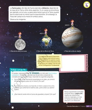 La fuerza peso, otro tipo de fuerza ejercida a distancia, depende de
la masa de la Tierra, entre otros aspectos. Si un cuerpo se encontrara,
por ejemplo, en la Luna, su peso sería menor que en la Tierra, puesto
que la masa lunar es menor que la masa terrestre. Sin embargo, la
masa del cuerpo es la misma en ambos astros.
Observa las imágenes:
↖ Peso de la niña en la Luna ↖ Peso de la niña en la Tierra ↖ Peso de la niña en Júpiter
Si consideramos que la masa de la
Tierra es mayor que la de la Luna y
que la de Júpiter es superior a la de
Tierra, ¿cómo será la masa de la niña
en la Tierra y en Júpiter, si en la Luna
es de 35 kilogramos? Fundamenta.
Revisa nuevamente la actividad
inicial del Tema 2 (página 184).
Clasifica las interacciones
entre los materiales y el imán
en fuerzas de repulsión, de
atracción o sin interacción.
En parejas, ingresen el código 18TN4B187a en el sitio web http://codigos.
auladigital.cl. Accederán a un video que les permitirá comprender los
conceptos de masa y peso. Luego, respondan las siguientes preguntas.
1.	 De acuerdo con la información presentada en el video, ¿es correcto
afirmar que masa y peso son lo mismo? ¿Por qué?
2.	 Si comparamos el peso y la masa de un mismo cuerpo en los ocho
planetas que conforman el sistema solar, ¿cómo serían sus valores?
Explica.
3.	 ¿Qué relación existe entre la fuerza de gravedad y el peso? ¿Por qué?
rabajo con las TIC
65 N
400 N
1000 N
Unidad
4
Ciencias Naturales • 4.º básico 187
Prohibida
su
reproducción
 