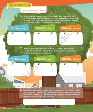 ¿Qué hacer frente a un sismo?
1.	 Reúnanse en parejas y piensen que han sido elegidos para formar parte
de la “Brigada de seguridad”. La primera misión será pensar en una medida
de prevención y seguridad que deberían adoptar antes, durante y después
de ocurrido un sismo si se encuentran en el colegio.
Antes de un sismo
Antes de un sismo
Durante un sismo
Durante un sismo
Después de un sismo
Después de un sismo
2.	 Hagan lo mismo, pero pensando ahora en una medida de prevención
y seguridad que deberían adoptar antes, durante y después de ocurrido
un sismo si se encuentran en su hogar.
3.	 Finalmente, si su colegio estuviera en la cercanía de una zona costera, podrían
estar expuestos a olas gigantes, que se originan en el mar y que alcanzan hasta
los 30 metros de altura. ¿Qué medida de seguridad y de prevención deberían
implementar antes de que esto ocurriera?
Evaluación inicial
Unidad 5 • La Tierra: un planeta dinámico204
Prohibida
su
reproducción
 