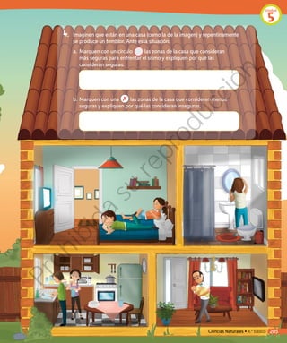 4.	 Imaginen que están en una casa (como la de la imagen) y repentinamente
se produce un temblor. Ante esta situación:
a.	Marquen con un círculo las zonas de la casa que consideran
más seguras para enfrentar el sismo y expliquen por qué las
consideran seguras.
	
b.	Marquen con una las zonas de la casa que consideren menos
seguras y expliquen por qué las consideran inseguras.
	
Ciencias Naturales • 4.º básico 205
Unidad
5
Prohibida
su
reproducción
 