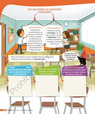 Ahora, te invitamos a revisar rápidamente las páginas de la
unidad para que te plantees tu meta personal.
¿Con qué meta me sorprenderá
esta unidad?
¿Cómo aprenderé?
Mediante distintas
estrategias con las
que pondré a prueba
habilidades como
modelar, representar,
investigar y evaluar,
entre otras.
¿Con qué desafíos me sorprenderá
esta unidad?
¿Qué aprenderé?
A describir las
características de la
estructura interna de
la Tierra, a explicar
los efectos de los
movimientos de las
placas tectónicas y a
proponer medidas de
y seguridad frente a
riesgos naturales.
¿Qué dificultades puedo
enfrentar en el camino hacia
el logro de mi meta? ¿Cómo
las debería enfrentar?
¿Qué meta personal me
gustaría alcanzar? (Recuerda
que la meta debe ser una
acción concreta).
¿Qué estrategias tendré
que poner en práctica
para alcanzarla?
Mi meta para esta
unidad es construir
un instrumento
tecnológico.
Unidad 5 • La Tierra: un planeta dinámico206
Prohibida
su
reproducción
 