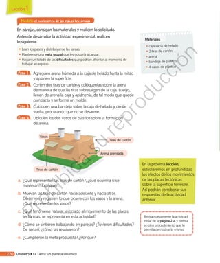 Modelo el movimiento de las placas tectónicas
En parejas, consigan los materiales y realicen lo solicitado.
Antes de desarrollar la actividad experimental, realicen
lo siguiente.
◾◾ Lean los pasos y distribúyanse las tareas.
◾◾ 	Plantéense una meta grupal que les gustaría alcanzar.
◾◾ 	Hagan un listado de las dificultades que podrían afrontar al momento de
trabajar en equipo.
Paso 1 	 Agreguen arena húmeda a la caja de helado hasta la mitad
y aplanen la superficie.
Paso 2 	 Corten dos tiras de cartón y colóquenlas sobre la arena
de manera de que las tiras sobresalgan de la caja. Luego,
llenen de arena la caja y aplánenla, de tal modo que quede
compacta y se forme un molde.
Paso 3 	 Coloquen una bandeja sobre la caja de helado y denla
vuelta, procurando que no se desarme.
Paso 4 	 Ubiquen los dos vasos de plástico sobre la formación
de arena.
a.	¿Qué representan las tiras de cartón?, ¿qué ocurriría si se
movieran? Expliquen.
b.	Muevan las tiras de cartón hacia adelante y hacia atrás.
Observen y registren lo que ocurre con los vasos y la arena.
¿Qué representan los vasos?
c.	 ¿Qué fenómeno natural, asociado al movimiento de las placas
tectónicas, se representa en esta actividad?
d.	¿Cómo se sintieron trabajando en parejas? ¿Tuvieron dificultades?
De ser así, ¿cómo las resolvieron?
e.	¿Cumplieron la meta propuesta? ¿Por qué?
Materiales
◾◾ caja vacía de helado
◾◾ 2 tiras de cartón
◾◾ arena
◾◾ bandeja de plástico
◾◾ 4 vasos de plástico
Tiras de cartón
Tiras de cartón
Vasos
Arena prensada
Revisa nuevamente la actividad
inicial de la página 214 y piensa
en otro procedimiento que te
permita demostrar lo mismo.
En la próxima lección,
estudiaremos en profundidad
los efectos de los movimientos
de las placas tectónicas
sobre la superficie terrestre.
Así podrán corroborar sus
respuestas de la actividad
anterior.
Lección 1
220 Unidad 5 • La Tierra: un planeta dinámico
Prohibida
su
reproducción
 