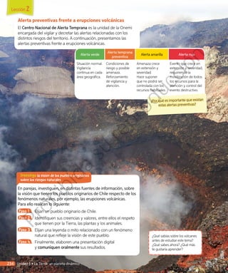 ¿Qué sabías sobre los volcanes
antes de estudiar este tema?
¿Qué sabes ahora? ¿Qué más
te gustaría aprender?
Alerta preventivas frente a erupciones volcánicas
El Centro Nacional de Alerta Temprana es la unidad de la Onemi
encargada del vigilar y decretar las alertas relacionadas con los
distintos riesgos del territorio. A continuación, presentamos las
alertas preventivas frente a erupciones volcánicas.
Alerta verde
Alerta temprana
preventiva
Alerta amarilla Alerta roja
Situación normal.
Vigilancia
continua en cada
área geográfica.
Condiciones de
riesgo y posible
amenaza.
Reforzamiento
de vigilancia y
atención.
Amenaza crece
en extensión y
severidad.
Hace suponer
que no podrá ser
controlada con los
recursos habituales.
Evento que crece en
extensión y severidad,
requiriendo la
movilización de todos
los recursos para la
atención y control del
evento destructivo.
En parejas, investiguen, en distintas fuentes de información, sobre
la visión que tienen los pueblos originarios de Chile respecto de los
fenómenos naturales, por ejemplo, las erupciones volcánicas.
Para ello realicen lo siguiente:
Paso 1 	 Elijan un pueblo originario de Chile.
Paso 2 	 Identifiquen sus creencias y valores, entre ellos el respeto
que tienen por la Tierra, las plantas y los animales.
Paso 3 	 Elijan una leyenda o mito relacionado con un fenómeno
natural que refleje la visión de este pueblo.
Paso 4 	 Finalmente, elaboren una presentación digital
y comuniquen oralmente sus resultados.
Investigo la visión de los pueblos originarios
sobre los riesgos naturales
¿Por qué es importante que existan
estas alertas preventivas?
Lección 2
234 Unidad 5 • La Tierra: un planeta dinámico
Prohibida
su
reproducción
 
