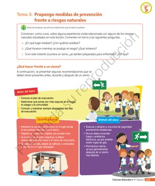 Tema 3:	 Propongo medidas de prevención
frente a riesgos naturales
Antes de empezar, escucha las indicaciones que te dará tu profesor.
Conversen, como curso, sobre alguna experiencia vivida relacionada con alguno de los riesgos
naturales estudiados en esta lección. Comenten en torno a las siguientes preguntas.
a.	 ¿En qué lugar estaban? ¿Con quiénes estaban?
b.	¿Qué hicieron mientras se produjo el riesgo? ¿Qué sintieron?
c.	 Si en este instante ocurriera un sismo, ¿se sienten preparados para enfrentarlo? ¿Por qué?
¿Qué hacer frente a un sismo?
A continuación, se presentan algunas recomendaciones que se
deben tener presentes antes, durante y después de un sismo.
•	Conocer el plan de evacuación.
•		Determinar qué zonas son más seguras en el hogar,
el colegio o la comunidad.
•		Conocer y mantener siempre despejadas las vías
de evacuación.
•	Mantener la calma y permanecer en el lugar donde
te encuentras mientras dura el sismo.
•	Alejarse de ventanas u objetos que puedan caer.
•	Si el sismo es de gran magnitud, te debes
resguardar bajo una mesa o el marco de una puerta.
•	Si estás en la calle, aléjate de edificios y ventanales
y ubícate en un lugar despejado.
Después del sismo
Antes del sismo
Durante del sismo
•	Evacuar y dirigirte a una zona de seguridad
previamente establecida.
•	Nunca debes encender
fuego o artefactos
eléctricos, ya que podrían
existir fugas de gas.
•	Permanecer alerta,
ya que generalmente
después de un sismo
hay réplicas.
Unidad
5
Ciencias Naturales • 4.º básico 235
Prohibida
su
reproducción
 