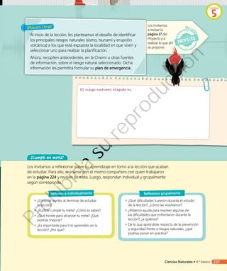 Los invitamos
a revisar la
página 17 del
Proyecto y a
realizar lo que ahí
se propone.
¡Misión final!
Al inicio de la lección, les planteamos el desafío de identificar
los principales riesgos naturales (sismo, tsunami y erupción
volcánica) a los que está expuesta la localidad en que viven y
seleccionar uno para realizar la planificación.
Ahora, recopilen antecedentes, en la Onemi u otras fuentes
de información, sobre el riesgo natural seleccionado. Dicha
información les permitirá formular su plan de emergencia.
El riesgo natural elegido es:
¿Cumplí mi meta?
Los invitamos a reflexionar sobre su aprendizaje en torno a la lección que acaban
de estudiar. Para ello, reúnanse con el mismo compañero con quien trabajaron
en la página 224 y revisen su meta. Luego, respondan individual y grupalmente
según corresponda.
◾◾ ¿Cómo te sientes al terminar de estudiar
la lección?
◾◾ ¿Pudiste cumplir tu meta? ¿Cómo lo sabes?
◾◾ ¿Qué hiciste para alcanzar tu meta? ¿Qué
podrías mejorar?
◾◾ ¿Es importante para ti lo aprendido en la
lección? ¿Por qué?
◾◾ ¿Qué dificultades tuvieron durante el estudio
de la lección?, ¿cómo las resolvieron?
◾◾ ¿Pidieron ayuda para resolver algunas de
las dificultades que enfrentaron durante la
lección?, ¿a quiénes?
◾◾ De lo que aprendiste respecto de la prevención
y seguridad frente a riesgos naturales, ¿qué
podrías poner en práctica?
Reflexiono individualmente Reflexiono grupalmente
Unidad
5
Ciencias Naturales • 4.º básico 237
Prohibida
su
reproducción
 