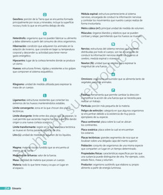 G
Geosfera: porción de la Tierra que se encuentra formada
principalmente por rocas y minerales; incluye la superficie
rocosa y todo lo que se encuentra debajo de ella.
H
Heterótrofo: organismo que no pueden fabricar su alimento
y debe obtenerlo a partir del consumo de otros organismos.
Hibernación: condición que adquieren los animales en la
estación de invierno, que consiste en bajar su temperatura
corporal y descender su actividad para tener menor
gasto energético.
Hipocentro: lugar de la corteza terrestre donde se produce
un sismo.
Huesos: estructuras firmes, rígidas y resistentes a los golpes
que componen el sistema esquelético.
K
Kilogramo: unidad de medida utilizada para expresar la
masa de un cuerpo.
L
Ligamentos: estructuras resistentes que conectan los
extremos de los huesos manteniéndolos estables.
Límite convergente: zona en la que chocan dos placas
tectónicas.
Límite divergente: límite entre dos placas que se separan, lo
cual permite que ascienda magma hacia la superficie dando
origen a una nueva corteza oceánica.
Límite transformante: región en la que una placa tectónica
se mueve en forma paralela respecto de otra.
Litro (L): unidad de medida de volumen de los líquidos.
M
Magma: material rocoso fundido que se encuentra al
interior de la Tierra.
Magnitud de la fuerza: valor de la fuerza.
Masa: cantidad de materia que posee un cuerpo.
Materia: todo lo que tiene masa y ocupa un lugar en
el espacio.
Médula espinal: estructura perteneciente al sistema
nervioso, encargada de conducir la información nerviosa
y controlar los movimientos que nuestro cuerpo realiza de
forma involuntaria.
Metro cúbico (m3
): principal unidad de medida de volumen.
Músculos: órganos blandos y elásticos que se pueden
contraer y relajar, permitiendo que los huesos se muevan.
N
Nervios: estructuras del sistema nervioso que, estando
distribuidas por todo el cuerpo, son las encargadas de
conducir la información nerviosa desde los órganos al
cerebro, medula espinal o viceversa.
Newton (N): unidad que se emplea para expresar la
magnitud de una fuerza.
o
Omnívoro: organismo consumidor que se alimenta tanto de
vegetales como de animales.
P
Palanca: herramienta que permite cambiar la dirección
o amplificar la acción de una fuerza que se necesita para
realizar un trabajo.
Partícula: porción más pequeña de la materia.
Peligro de extinción: categoría en que algunos organismos
se encuentran debido a la existencia de muy pocos
ejemplares de su especie.
Placa continental: placa sobre la cual se ubican
los continentes.
Placa oceánica: placa sobre la cual se encuentran
los océanos.
Placas tectónicas: grandes segmentos de roca que se
localizan sobre una delgada capa del manto superior.
Población: conjunto de organismos de una misma especie
que comparten un lugar en un tiempo determinado.
Propiedades físicas: características específicas por las que
una sustancia puede distinguirse de otra. Por ejemplo, color,
estado físico, masa y volumen.
Productor: organismo autótrofo que elabora su propio
alimento a partir de energía luminosa.
Glosario254
Prohibida
su
reproducción
 