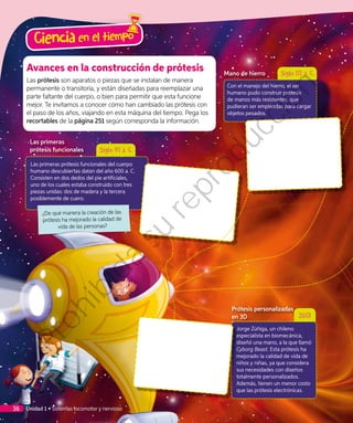 Avances en la construcción de prótesis
Las prótesis son aparatos o piezas que se instalan de manera
permanente o transitoria, y están diseñadas para reemplazar una
parte faltante del cuerpo, o bien para permitir que esta funcione
mejor. Te invitamos a conocer cómo han cambiado las prótesis con
el paso de los años, viajando en esta máquina del tiempo. Pega los
recortables de la página 251 según corresponda la información.
Las primeras
prótesis funcionales
Las primeras prótesis funcionales del cuerpo
humano descubiertas datan del año 600 a. C.
Consisten en dos dedos del pie artificiales,
uno de los cuales estaba construido con tres
piezas unidas: dos de madera y la tercera
posiblemente de cuero.
Siglo VI a. C.
Prótesis personalizadas
en 3D 2013
Jorge Zúñiga, un chileno
especialista en biomecánica,
diseñó una mano, a la que llamó
Cyborg Beast. Esta prótesis ha
mejorado la calidad de vida de
niños y niñas, ya que considera
sus necesidades con diseños
totalmente personalizados.
Además, tienen un menor costo
que las prótesis electrónicas.
¿De qué manera la creación de las
prótesis ha mejorado la calidad de
vida de las personas?
Mano de hierro Siglo III a. C.
Con el manejo del hierro, el ser
humano pudo construir prótesis
de manos más resistentes, que
pudieran ser empleadas para cargar
objetos pesados.
Ciencia en el tiempo
Unidad 1 • Sistemas locomotor y nervioso36
Prohibida
su
reproducción
 