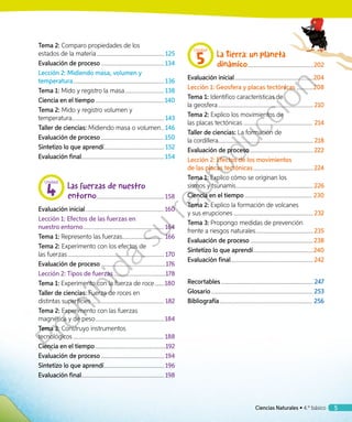 5
Tema 2: Comparo propiedades de los
estados de la materia................................................. 125
Evaluación de proceso..............................................134
Lección 2: Midiendo masa, volumen y
temperatura.................................................................. 136
Tema 1: Mido y registro la masa............................. 138
Ciencia en el tiempo..................................................140
Tema 2: Mido y registro volumen y
temperatura................................................................... 143
Taller de ciencias: Midiendo masa o volumen... 146
Evaluación de proceso..............................................150
Sintetizo lo que aprendí............................................ 152
Evaluación final............................................................154
Unidad
4 Las fuerzas de nuestro
entorno.................................................158
Evaluación inicial.........................................................160
Lección 1: Efectos de las fuerzas en
nuestro entorno...........................................................164
Tema 1: Represento las fuerzas.............................. 166
Tema 2: Experimento con los efectos de
las fuerzas...................................................................... 170
Evaluación de proceso...............................................176
Lección 2: Tipos de fuerzas......................................178
Tema 1: Experimento con la fuerza de roce........180
Taller de ciencias: Fuerza de roces en
distintas superficies .................................................... 182
Tema 2: Experimento con las fuerzas
magnética y de peso..................................................184
Tema 3: Construyo instrumentos
tecnológicos..................................................................188
Ciencia en el tiempo...................................................192
Evaluación de proceso.............................................. 194
Sintetizo lo que aprendí............................................ 196
Evaluación final............................................................ 198
Unidad
5 La Tierra: un planeta
dinámico................................................202
Evaluación inicial.........................................................204
Lección 1: Geosfera y placas tectónicas.............208
Tema 1: Identifico características de
la geosfera..................................................................... 210
Tema 2: Explico los movimientos de
las placas tectónicas.................................................. 214
Taller de ciencias: La formación de
la cordillera..................................................................... 218
Evaluación de proceso..............................................222
Lección 2: Efectos de los movimientos
de las placas tectónicas............................................224
Tema 1: Explico cómo se originan los
sismos y tsunamis........................................................226
Ciencia en el tiempo................................................. 230
Tema 2: Explico la formación de volcanes
y sus erupciones.......................................................... 232
Tema 3: Propongo medidas de prevención
frente a riesgos naturales..........................................235
Evaluación de proceso..............................................238
Sintetizo lo que aprendí............................................240
Evaluación final............................................................242
Recortables................................................................... 247
Glosario..........................................................................253
Bibliografía................................................................... 256
Ciencias Naturales • 4.º básico
Prohibida
su
reproducción
 