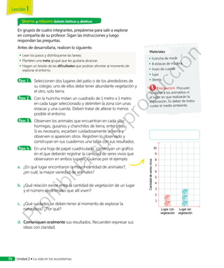 Observo y relaciono factores bióticos y abióticos
En grupos de cuatro integrantes, prepárense para salir a explorar
en compañía de su profesor. Sigan las instrucciones y luego
respondan las preguntas.
Antes de desarrollarla, realicen lo siguiente.
◾◾ Lean los pasos y distribúyanse las tareas.
◾◾ Plantéen una meta grupal que les gustaría alcanzar.
◾◾ Hagan un listado de las dificultades que podrían afrontar al momento de
explorar el entorno.
Paso 1 	 Seleccionen dos lugares del patio o de los alrededores de
su colegio: uno de ellos debe tener abundante vegetación y
el otro, solo tierra.
Paso 2 	 Con la huincha midan un cuadrado de 1 metro x 1 metro
en cada lugar seleccionado y delimiten la zona con unas
estacas y una cuerda. Deben tratar de alterar lo menos
posible el entorno.
Paso 3 	 Observen los animales que encuentran en cada sitio:
hormigas, gusanos y chanchitos de tierra, entre otros.
Si es necesario, escarben cuidadosamente la tierra y
observen si aparecen otros. Registren lo observado y
construyan en sus cuadernos una tabla con sus resultados.
Paso 4 	 En una hoja de papel cuadriculado, construyan un gráfico
en el que deberán registrar la cantidad de seres vivos que
observaron en ambos lugares. Guíense por el ejemplo.
a.	 ¿En qué lugar encontraron la mayor cantidad de animales?,
¿en cuál, la mayor variedad de animales?
b.	 ¿Qué relación existe entre la cantidad de vegetación de un lugar
y el número de animales que allí viven?
c.	 ¿Qué cuidados se deben tener al momento de explorar la
naturaleza? ¿Por qué?
d.	 Comuniquen oralmente sus resultados. Recuerden expresar sus
ideas con claridad.
10
9
8
7
6
5
4
3
2
1
Cantidaddeseresvivos
Lugar con
vegetación
Lugar sin
vegetación
Materiales
◾◾ huincha de medir
◾◾ 8 estacas de madera
◾◾ trozo de cuerda
◾◾ lupa
◾◾ libreta
Precaución: Procuren
no dañar a los animalitos ni
el lugar en que realizarán la
exploración. Es deber de todos
cuidar el medio ambiente.
Lección 1
Unidad 2 • La vida en los ecosistemas76
Prohibida
su
reproducción
 