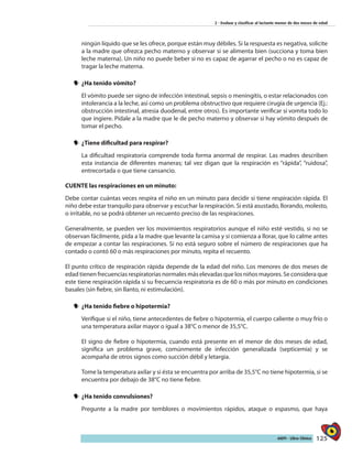 125AIEPI - Libro Clínico
2 - Evaluar y clasificar al lactante menor de dos meses de edad
ningún líquido que se les ofrece, porque están muy débiles. Si la respuesta es negativa, solicite
a la madre que ofrezca pecho materno y observar si se alimenta bien (succiona y toma bien
leche materna). Un niño no puede beber si no es capaz de agarrar el pecho o no es capaz de
tragar la leche materna.
yy ¿Ha tenido vómito?
El vómito puede ser signo de infección intestinal, sepsis o meningitis, o estar relacionados con
intolerancia a la leche, así como un problema obstructivo que requiere cirugía de urgencia (Ej.:
obstrucción intestinal, atresia duodenal, entre otros). Es importante verificar si vomita todo lo
que ingiere. Pídale a la madre que le de pecho materno y observar si hay vómito después de
tomar el pecho.
yy 	¿Tiene dificultad para respirar?
La dificultad respiratoria comprende toda forma anormal de respirar. Las madres describen
esta instancia de diferentes maneras; tal vez digan que la respiración es “rápida”, “ruidosa”,
entrecortada o que tiene cansancio.
CUENTE las respiraciones en un minuto:
Debe contar cuántas veces respira el niño en un minuto para decidir si tiene respiración rápida. El
niño debe estar tranquilo para observar y escuchar la respiración. Si está asustado, llorando, molesto,
o irritable, no se podrá obtener un recuento preciso de las respiraciones.
Generalmente, se pueden ver los movimientos respiratorios aunque el niño esté vestido, si no se
observan fácilmente, pida a la madre que levante la camisa y si comienza a llorar, que lo calme antes
de empezar a contar las respiraciones. Si no está seguro sobre el número de respiraciones que ha
contado o contó 60 o más respiraciones por minuto, repita el recuento.
El punto crítico de respiración rápida depende de la edad del niño. Los menores de dos meses de
edad tienen frecuencias respiratorias normales más elevadas que los niños mayores. Se considera que
este tiene respiración rápida si su frecuencia respiratoria es de 60 o más por minuto en condiciones
basales (sin fiebre, sin llanto, ni estimulación).
yy ¿Ha tenido fiebre o hipotermia?
Verifique si el niño, tiene antecedentes de fiebre o hipotermia, el cuerpo caliente o muy frío o
una temperatura axilar mayor o igual a 38°C o menor de 35,5°C.
El signo de fiebre o hipotermia, cuando está presente en el menor de dos meses de edad,
significa un problema grave, comúnmente de infección generalizada (septicemia) y se
acompaña de otros signos como succión débil y letargia.
Tome la temperatura axilar y si ésta se encuentra por arriba de 35,5°C no tiene hipotermia, si se
encuentra por debajo de 38°C no tiene fiebre.
yy ¿Ha tenido convulsiones?
Pregunte a la madre por temblores o movimientos rápidos, ataque o espasmo, que haya
 