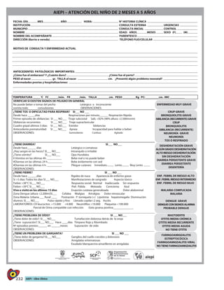 232 AIEPI - Libro Clínico
FECHA: DÍA MES AÑO HORA: N° HISTORIA CLÍNICA
INSTITUCIÓN CONSULTA EXTERNA URGENCIAS
MUNICIPIO CONSULTA INICIAL CONTROL
NOMBRE EDAD: AÑOS MESES SEXO (F) (M)
NOMBRE DEL ACOMPAÑANTE PARENTESCO
DIRECCIÓN (Barrio o vereda) TELÉFONO FIJO/CELULAR
MOTIVO DE CONSULTA Y ENFERMEDAD ACTUAL
ANTECEDENTES PATOLÓGICOS IMPORTANTES:
¿Cómo fue el embarazo? Y ¿Cuánto duro? ¿Cómo fue el parto?
PESO al nacer gr. TALLA al nacer cm. ¿Presentó algún problema neonatal?
Enfermedades previas y hospitalizaciones:
TEMPERATURA _____ C FC ______/min. FR ______/min. TALLA ________cm. PESO _________Kg PC: _________cm. IMC __________
VERIFICAR SI EXISTEN SIGNOS DE PELIGRO EN GENERAL
No puede beber o tomar del pecho Letárgico o inconsciente
vomita todo convulsiones OBSERVACIONES:
ENFERMEDAD MUY GRAVE
¿TIENE TOS O DIFICULTAD PARA RESPIRAR? SI___ NO ___
Desde hace _____días Respiraciones por minuto______ Respiración Rápida
Primer episodio de sibilancias: SI ___ NO___ Tiraje subcostal Sa02 <92% (90% altura >2.500msnm)
Sibilancias recurrentes: SI ___ NO___ Tiraje supraclavicular
Cuadro gripal últimos 3 días: SI ___ NO___ Estridor Sibilancias
Antecedente prematuridad: SI ___ NO___ Apnea Incapacidad para hablar o beber
OBSERVACIONES: Somnoliento Confuso Agitado
CRUP GRAVE
BRONQUIOLITIS GRAVE
SIBILANCIA(RECURRENTE)GRAVE
CRUP
BRONQUIOLITIS
SIBILANCIA (RECURRENTE)
NEUMONÍA GRAVE
NEUMONÍA
TOS O RESFRIADO
¿TIENE DIARREA? SI___ NO___
# Vómitos en las últimas 4h. __________
#Diarreas en las últimas 24 h.__________ Bebe ávidamente con sed
#Diarreas en las últimas 4 h. __________ Pliegue cutáneo: Inmediato Lento Muy Lento
OBSERVACIONES:
DESHIDRATACIÓN GRAVE
ALGÚNGRADODESHIDRATACIÓN
ALTORIESGODESHIDRATACIÓN
SIN DESHIDRATACIÓN
DIARREA PERSISTENTE GRAVE
DIARREA PERSISTENTE
DISENTERÍA
¿TIENE FIEBRE? SI ___ NO ___
Desde hace ______días Rigidez de nuca Apariencia de enfermo grave
Si >5 días: Todos los días SI___ NO___ Manifestaciones de sangrado Aspecto tóxico
Fiebre >38°C SI___ NO___ Respuesta social: Normal Inadecuada Sin respuesta
Fiebre >39°C SI___ NO___ Piel: Pálida Moteada Cenicienta Azul
Vive o visitó en los últimos 15 días Erupción cutánea generalizada Dolor abdominal
Zona Dengue (altura <2.200m)SI___ Cefalea Mialgias Artralgias Dolor retroocular
Zona Malaria: Urbana ___ Rural ____ Postración P. torniquete (+) Lipotimia hepatomegalia Disminución
diuresis: SI___ NO___ Pulso rápido y fino Llenado capilar>2 seg. Ascitis
LABORATORIOS: CH leucocitos >15.000 <4.000 Neutrófilos >10.000 Plaquetas <100.000
Parcial de Orina compatible con infección Gota gruesa positiva______________
OBSERVACIONES:
ENF. FEBRIL DE RIESGO ALTO
ENF.FEBRILRIESGOINTERMEDIO
ENF. FEBRIL DE RIESGO BAJO
MALARIA COMPLICADA
MALARIA
DENGUE GRAVE
DENGUECONSIGNOSALARMA
PROBABLE DENGUE
¿TIENE PROBLEMA DE OÍDO? SI ___ NO___
¿Tiene dolor de oído?: SI___ NO___ Tumefacción dolorosa detrás de la oreja
¿Tiene supuración?: SI___ NO___ Hace ____días Tímpano Rojo y Abombado
Nº episodios previos:______ en ______meses Supuración de oído
OBSERVACIONES:
MASTOIDITIS
OTITIS MEDIA CRÓNICA
OTITIS MEDIA RECURRENTE
OTITIS MEDIA AGUDA
NO TIENE OTITIS
¿TIENE UN PROBLEMA DE GARGANTA? SI ___ NO ___
¿Tiene dolor de garganta?:SI___ NO___ Ganglios del cuello crecidos y dolorosos
Exudado blanquecino-amarillento en amígdalas
FARINGOAMIGDALITIS
ESTREPTOCÓCICA
FARINGOAMIGDALITIS VIRAL
NOTIENEFARINGOAMIGDALITIS
AIEPI – ATENCIÓN DEL NIÑO DE 2 MESES A 5 AÑOS
 