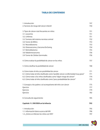 23AIEPI - Libro Clínico
TABLA DE CONTENIDO
1. Introducción 747
2. Factores de riesgo del cáncer infantil 750
3. Tipos de cáncer más frecuentes en niños 751
3.1. Leucemia 751
3.2. Linfomas 751
3.3. Tumores del sistema nervioso central 752
3.4. Tumor de Wilms 753
3.5. Neuroblastoma 753
3.6. Osteosarcoma y Sarcoma De Ewing 754
3.7. Retinoblastoma 755
3.8. Rabdomiosarcoma 756
3.9. Tumor de Células Germinales 756
4. Cómo evaluar la posibilidad de cáncer en los niños 757
5. Cómo clasificar la posibilidad de cáncer 768
6. Cómo tratar al niño con posibilidad de cáncer 771
6.1. Cómo tratar al niño clasificado como“posible cáncer o enfermedad muy grave” 771
6.2. Cómo tratar a los niños clasificados como“algún riesgo de cáncer” 774
6.3. Cómo tratar al niño clasificado como“poca probabilidad de cáncer” 775
7. Consejos a los padres o al acompañante del niño con cáncer 775
Ejercicio 777
Ejercicio 779
Ejercicio 782
8. Consulta de seguimiento 785
Capítulo 11. VIH/SIDA en la infancia 793
1. Introducción 795
1.1. Información básica acerca del VIH 796
1.2. ¿Cómo se infectan los niños con VIH? 797
 