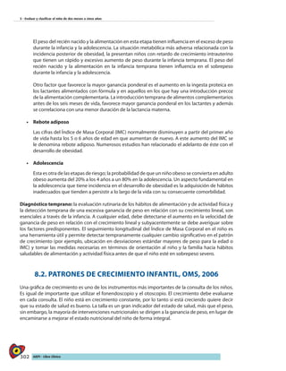 302 AIEPI - Libro Clínico
3 - Evaluar y clasificar el niño de dos meses a cinco años
El peso del recién nacido y la alimentación en esta etapa tienen influencia en el exceso de peso
durante la infancia y la adolescencia. La situación metabólica más adversa relacionada con la
incidencia posterior de obesidad, la presentan niños con retardo de crecimiento intrauterino
que tienen un rápido y excesivo aumento de peso durante la infancia temprana. El peso del
recién nacido y la alimentación en la infancia temprana tienen influencia en el sobrepeso
durante la infancia y la adolescencia.
Otro factor que favorece la mayor ganancia ponderal es el aumento en la ingesta proteica en
los lactantes alimentados con fórmula y en aquellos en los que hay una introducción precoz
de la alimentación complementaria. La introducción temprana de alimentos complementarios
antes de los seis meses de vida, favorece mayor ganancia ponderal en los lactantes y además
se correlaciona con una menor duración de la lactancia materna.
•	 	Rebote adiposo
Las cifras del Índice de Masa Corporal (IMC) normalmente disminuyen a partir del primer año
de vida hasta los 5 o 6 años de edad en que aumentan de nuevo. A este aumento del IMC se
le denomina rebote adiposo. Numerosos estudios han relacionado el adelanto de éste con el
desarrollo de obesidad.
•	 	Adolescencia
Esta es otra de las etapas de riesgo; la probabilidad de que un niño obeso se convierta en adulto
obeso aumenta del 20% a los 4 años a un 80% en la adolescencia. Un aspecto fundamental en
la adolescencia que tiene incidencia en el desarrollo de obesidad es la adquisición de hábitos
inadecuados que tienden a persistir a lo largo de la vida con su consecuente comorbilidad.
Diagnóstico temprano: la evaluación rutinaria de los hábitos de alimentación y de actividad física y
la detección temprana de una excesiva ganancia de peso en relación con su crecimiento lineal, son
esenciales a través de la infancia. A cualquier edad, debe detectarse el aumento en la velocidad de
ganancia de peso en relación con el crecimiento lineal y subyacentemente se debe averiguar sobre
los factores predisponentes. El seguimiento longitudinal del Índice de Masa Corporal en el niño es
una herramienta útil y permite detectar tempranamente cualquier cambio significativo en el patrón
de crecimiento (por ejemplo, ubicación en desviaciones estándar mayores de peso para la edad o
IMC) y tomar las medidas necesarias en términos de orientación al niño y la familia hacia hábitos
saludables de alimentación y actividad física antes de que el niño esté en sobrepeso severo.
8.2. PATRONES DE CRECIMIENTO INFANTIL, OMS, 2006
Una gráfica de crecimiento es uno de los instrumentos más importantes de la consulta de los niños.
Es igual de importante que utilizar el fonendoscopio y el otoscopio. El crecimiento debe evaluarse
en cada consulta. El niño está en crecimiento constante, por lo tanto si está creciendo quiere decir
que su estado de salud es bueno. La talla es un gran indicador del estado de salud, más que el peso,
sin embargo, la mayoría de intervenciones nutricionales se dirigen a la ganancia de peso, en lugar de
encaminarse a mejorar el estado nutricional del niño de forma integral.
 