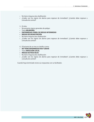 431AIEPI - Libro Clínico
4 - Determinar el tratamiento
•	 No tiene ninguna otra clasificación
•	 ¿Cuáles son los signos de alarma para regresar de inmediato? ¿Cuándo debe regresar a
consulta de control?
5.	 El niño:
•	 No presenta signos generales de peligro
•	 Tiene NEUMONÍA
•	 ENFERMEDAD FEBRIL DE RIESGO INTERMEDIO
•	 RIESGO DE DESNUTRICIÓN
•	 No tiene ninguna otra clasificación
•	 ¿Cuáles son los signos de alarma para regresar de inmediato? ¿Cuándo debe regresar a
consulta de control?
6.	 El lactante de un mes se clasifica como:
•	 NO TIENE ENFERMEDAD MUY GRAVE
•	 Tiene INFECCIÓN LOCAL
•	 RIESGO DE PESO BAJO
•	 No tiene ninguna otra clasificación
•	 ¿Cuáles son los signos de alarma para regresar de inmediato? ¿Cuándo debe regresar a
consulta de control?
Cuando haya terminado revise sus respuestas con su facilitador.
 