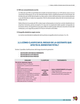 59AIEPI - Libro Clínico
2 - Evaluar y clasificar al lactante menor de dos meses de edad
⌨⌨ VIH con consentimiento escrito
La infección por VIH es trasmitida de la madre al neonato hasta en un 35% de los casos si no se
suministra tratamiento. El uso de antirretrovirales reduce significativamente la transmisión de
la infección por el VIH de la madre a su hijo, junto a otras intervenciones como cesárea electiva
y uso de fórmula en todos los expuestos. Esto ha demostrado reducción de la transmisión por
debajo del 2%.
Debe ofrecerse la prueba de VIH a toda mujer embarazada en el primer control, idealmente en
el primer trimestre, previa consejería. En caso de no aceptación debe quedar consignado en
la historia clínica. De igual forma que para sífilis la madre puede infectarse durante el resto del
embarazo y una segunda prueba en el tercer trimestre sería ideal.
⌨⌨ Ecografía obstétrica según norma
La norma recomienda la realización de la primera ecografía entre la semana 12 a 18.
2.2 ¿CÓMO CLASIFICAR EL RIESGO DE LA GESTANTE QUE
AFECTA EL BIENESTAR FETAL?
Existen 3 posibles clasificaciones del riesgo durante la gestación:
◦◦ GESTACIÓN CON RIESGO INMINENTE
◦◦ GESTACIÓN DE ALTO RIESGO
◦◦ GESTACIÓN DE BAJO RIESGO
EVALUAR CLASIFICAR TRATAMIENTO
Uno de los siguientes signos:
•	 Embarazo mayor 41 semanas
•	 Disminución o ausencia de movimientos
fetales
•	 Enfermedad sistémica severa
•	 Infección urinaria con fiebre
•	 Diabetes no controlada
•	 Hipertensión no controlada y/o presencia
de convulsiones, visión borrosa, pérdida
de conciencia o cefalea intensa
•	 Palidez palmar severa o Hb < 7 g/dl
•	 Edema en cara, manos y/o piernas
•	 RPM antes de las 37 semanas
GESTACIÓN
CON
RIESGO
INMINENTE
•	 Referir URGENTEMENTE al hospital
•	 Tratar hipertensión
•	 Si RPM, administrar primera dosis de
Eritromicina VO 250 y ampicilina
 
