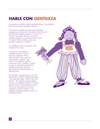 HABLE CON GENTILEZA
Las palabras amables rinden resultados felices. Las palabras
bruscas ocasionan resultados infelices.

Trate de evitar palabras torpes que ridiculizan,
avergüenzan o les ponen "nombres" a los niños. Al
ser llamados "bebés grandes" o "malos", los
niños no se sienten queridos. Peor aún,
pueden empezar a no quererse ellos mismos
y "aceptar" dichos rótulos, como por
ejemplo "mentiroso" o "ladrón".

Las palabras torpes no ayudan, sólo
empeoran las cosas.

Al contrario, las palabras
amables ayudan a que los
niños se comporten mejor,
traten de hacer las cosas con
más empeño, y logren más
triunfos. Las palabras gentiles
comunican amor y respeto, ayudan
a crear una atmósfera donde los
problemas pueden discutirse
abiertamente, hasta alcanzar un
entendimiento.

Por ejemplo, suponga que un niño ha
derramado su leche. Usted puede decir
"–No seas tan torpe! –Mira lo que has
hecho!" - las palabras duras pueden
conducir a resultados infelices. O usted
puede respirar profundamente y decir,
"Aquí hay una esponja. Por favor
ayúdame a limpiar la leche" - las
palabras amables pueden conducir a
resultados felices.




12
 