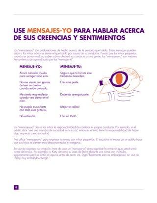 USE MENSAJES-YO PARA HABLAR ACERCA
DE SUS CREENCIAS Y SENTIMIENTOS
Los "mensajes-yo" son declaraciones de hecho acerca de la persona que habla. Estos mensajes pueden
decir a los niños cómo se siente el que habla por causa de su conducta. Puesto que los niños pequeños,
cuando se portan mal, no saben cómo afectará su conducta a otra gente, los "mensajes-yo" son mejores
herramientas de aprendizaje que los "mensajes-tú".

     MENSAJE-YO:                       MENSAJE-TU:

     Ahora necesito ayuda              Seguro que tú hiciste este
     para recoger todo esto.           tremendo desorden.

     No me siento con ganas            Eres una peste.
     de leer un cuento
     cuando estoy cansado.

     Me siento muy molesto             Deberías avergonzarte.
     cuando veo barro en el
     piso.

     No puedo escucharte               Mejor te callas!
     con todo este griterío.

     No entiendo.                      Eres un tonto.


Los "mensajes-yo" dan a los niños la responsabilidad de cambiar su propia conducta. Por ejemplo, si el
adulto dice "veo una mancha de suciedad en tu cara", entonces el niño tiene la responsabilidad de hacer
algo respecto a esa suciedad.

No utilice "mensajes-yo" para expresar su enojo con niños pequeños. El escuchar el enojo de un adulto hace
que sus hijos se sientan muy desconcertados e inseguros.

En vez de expresar su irritación, trate de usar un "mensaje-yo" para expresar la emoción que usted sintió
antes del enojo. Por ejemplo, si Katy derramó su vaso de leche durante una cena con invitados,
seguramente usted se sintió en apuros antes de sentir ira. Diga "Realmente esto es embarazoso" en vez de
"Estoy muy enfadada contigo."




 8
 