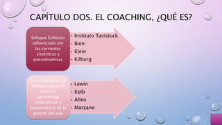 • Instituto Tavistock
• Bion
• Klein
• Kilburg
Enfoque Ecléctico
influenciado por
las corrientes
sistémicas y
psicodinámicas
• Lewin
• Kolb
• Allen
• Marzano
En su aplicación al
mundo educativo
sobre el
aprendizaje
experiencial y
cooperativo y de la
gestión del aula
CAPÍTULO DOS. EL COACHING, ¿QUÉ ES?
 
