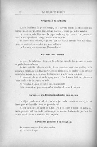 r'
I
                                                                                            n.I




                                  Croquetas a la jardinera

         A seis decilitros de par6 de papa, se le agrega criatro decilitros de una
     macedonia de legumbres : zanahorias, nabos, arvejas, porotitos verdes.
         Se mezcla todo bien con la papa, se le agrega una o dos yemas de
     huevos, sal i pimienta i 30 grarnos de mantequilla.
         Se liacen unas bolit,as, se pasan por las claras batidas con dos cucha-
     radas de aceite, i en seguids por pan rallado.
         Se frie en grasa o manteca bien caliente.


                                 Calabaza con tomates

           Se ciiece la calabaza, despues de pelarla i sacarle las pepas; se corta
     'en pedacitos cuadrados.
           Se frie cebolla i choclo picado, hasta que Bste est6 bien cocido; se le
      agrega .la calabaza picada, cuatro tomates picados a 10s c w l e s se les h a b r h
      sacado las pepas; se deja cocer lentamente durante cinoo minutos.
           A1 momento de servir se le agrega uno o dos huevos bat>idos,pimienta
      i una cucharada de queso rallado.
           Se revuelve li jero i se sirve inmediatamente.
           Este guiso sirve para acompai?ar asados, chuletas fritas etc.


                    Garbanzos a la Espaiiola naturales para cocido

           Se elijen +arbanzos del afio; se remojan toda una noche en agua ca-
     liente pero no hervida i con un poco de sal.
           A1 dia siguiente se lavan en agua fria i se echan a cocer en agaa ca-
     liente pero sin sal, teniendo cuidado que se cuezan lentamente per0 sin de-
     jar de hervir, i con la cacerola bien tapada.

                           Garbanzos guisados a la espaiiola

          Se cuecen como se ha dicho arriba.
          Se les bota el agua.
 