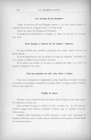 Las meehas de las ICmparas

     Bntes de servirse de una 1;impara nuevs o de una mecha nueva, s(:
sumerje la mecha en vinagre fuerte i se deja secar.
     Asi no se tizna i la IBmpara no humearit.
     Si despues de sumerjirla en vinagre, se echa en alcohol, la l u z ser6
inas viva.

             Para limpiar el blaneo de las pailas i sartenes


     Se r a s p ladrillo para cuchillo; se deshace con aceite, hasta formar una
pasta espesa.
     Se frota fuerteniente con un pedazo de trxpo de algodon, enibeljido cii
esta mezcla, el blanco de las pailas i sartenes.
     Si se quiere que brillen, se les pasa en seguida un trapo con polvo d?
tripoli o cualqnier otro polvo.


               Para las manchas de caf6, vino tinto i frutas
                                                                                  /



     Para hacer desaparecer rkpidamente estas manchas, se niojan con agua
oxijenada, se enjuagan en seguicla con agua clara i se pone a secar el jknero
hastfa el dia sipiente.


                               Vajilla de barro

     Muchas veces usamos h e n t e s de barro en la cocina, ya sea para paste-
les o pescado, ehupe, etc.
     Para quitarle el gusto a arcilla a la olla o fuente, etc., no hai inas que
echarle vinagre bien caliente, teniendo cizidado que se einbeba bien por
t odas partes.
     Cuando esstsn barnizadas, no debe llevarse a cabo esta operacion, ni
siquiera debemos cocer en ella guisos acidulados, pues podria causar hasta
un envenenaniiento.
 