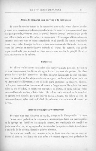 N U E V O IJERO DE COCINR
                                                                           - I


                                                                          ai
                            _- __


                Modo de preparar una corvina a la mayonesa

     Se cuece la corvina entera en la pescadera, con caldo i vino blanco; se de-
ja cocer mui suavemente durante media hora. Se escurre, i se coloca en el aza-
fate para pescado, sobre un lecho de perejil frances (crespo) tratando que q u d e
con el lomo h&ciaarriba. Se rodea con camarones, colocados paraditos a dos cen-
timetros cada uno que se vean apareciendo en el perejil. Se ponen encima de
la corvina, cuatro torrejas de limon a tres centimetros de distancia cada una;
sobre las torrejas un medio huevo cortado a1 traves de manera que quede
la parte redonda para arriba, i se clava en ells una raniits de perejil. Se airve
salsa mayonesa en la salsera.

                                    Caracoles

      S e elijen veinticuntro caracoles del mayor tamafio posible. Se ponen
en una cacerola con dos litros de agua i cinco grainos de potasa. Se blan-
quean hasta que 10s caracoles puedan sacarse fhilmente de sus conchas;
una vez sacados se les deja seis horas en agua, cambiando el agua cada 110-
ra i frothdolos lijcramente con el dedo para quit,arles la materia viscosa.
Se limpian las conchas i se secan a1 horno a fuego suave. Se eclian 10s cara-
coles a un colador, se secan con un pafiio i se meten en cada concha como
una avellana de maitre d’hhtel fria. Se coloca cada caracol en la concha i
se aprieta con el dedo, para que entxen hast,a el fondo. Se cubre la hoca de
cada concha con salsa maitre d’hhtel. Se calientan diez ininut,os a1 liorno i se
sirven,

                       Rizotto de langosta o camarones

     Se cuece una taza de arroz en caldo, despues de hlanqueado i lavado.
     Se corta en pedacit,os 1%langosta o camarones, se frien en mantequilla,
se le agrega un decilitro de salsa de tomatoe,una cucharada de perejil i se
junta con el arroz; se agregan dos cucharadas de queso rallado, i se deja asi
a un lado de la cocina, durante quince minutos.
     Se unta un molde con mantequilla, so llena con el arroz; se hace un
hueco a1 centro i se llena con una salsa de tomate espesa, con pedacitos d e
 