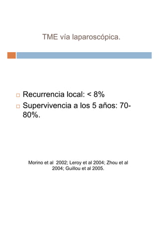 TME vía laparoscópica.




Recurrencia local: < 8%
Supervivencia a los 5 años: 70-
80%.




 Morino et al 2002; Leroy et a...