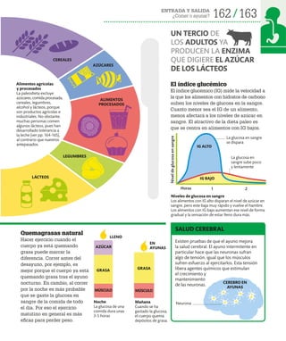 162 163
ENTRADA Y SALIDA
¿Comer o ayunar?
El índice glucémico
El índice glucémico (IG) mide la velocidad a
la que los alimentos con hidratos de carbono
suben los niveles de glucosa en la sangre.
Cuanto menor sea el IG de un alimento,
menos afectará a los niveles de azúcar en
sangre. El atractivo de la dieta paleo es
que se centra en alimentos con IG bajos.
Quemagrasas natural
Hacer ejercicio cuando el
cuerpo ya está quemando
grasa puede marcar la
diferencia. Correr antes del
desayuno, por ejemplo, es
mejor porque el cuerpo ya está
quemando grasa tras el ayuno
nocturno. En cambio, al correr
por la noche es más probable
que se gaste la glucosa en
sangre de la comida de todo
el día. Por eso el ejercicio
matutino en general es más
eficaz para perder peso.
Existen pruebas de que el ayuno mejora
la salud cerebral. El ayuno intermitente en
particular hace que las neuronas sufran
algo de tensión, igual que los músculos
sufren esfuerzo al ejercitarlos. Esta tensión
libera agentes químicos que estimulan
el crecimiento y
mantenimiento
de las neuronas.
SALUD CEREBRAL
Nivel
de
glucosa
en
sangre
1
Horas 2
CEREALES
ALIMENTOS
PROCESADOS
AZÚCARES
LÁCTEOS
LEGUMBRES
Niveles de glucosa en sangre
Los alimentos con IG alto disparan el nivel de azúcar en
sangre, pero este baja muy rápido y vuelve el hambre.
Los alimentos con IG bajo aumentan ese nivel de forma
gradual y la sensación de estar lleno dura más.
Alimentos agrícolas
y procesados
La paleodieta excluye
azúcares, comida procesada,
cereales, legumbres,
alcohol y lácteos, porque
son productos agrícolas e
industriales. No obstante,
muchas personas comen
algunos lácteos, pues han
desarrollado tolerancia a
la leche (ver pp. 164-165),
al contrario que nuestros
antepasados.
UN TERCIO DE
LOS ADULTOS YA
PRODUCEN LA ENZIMA
QUE DIGIERE EL AZÚCAR
DE LOS LÁCTEOS
Neurona
IG ALTO
IG BAJO
La glucosa en sangre
se dispara
La glucosa en
sangre sube poco
y lentamente
GRASA GRASA
AZÚCAR
LLENO
EN
AYUNAS
CEREBRO EN
AYUNAS
MÚSCULO MÚSCULO
Noche
La glucosa de una
comida dura unas
3-5 horas
Mañana
Cuando se ha
gastado la glucosa,
el cuerpo quema
depósitos de grasa.
 