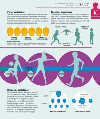 220 221
EL CICLO DE LA VIDA
Madurar
PRIMERA
AMISTAD
PRIMERA
DISCUSIÓN
PRIMERA
RECONCILIACIÓN
SIGUEN LAS
NORMAS
ROMPE LAS
NORMAS
Entender las normas
Los juegos con normas ayudan a los niños a partir
de 5 años a controlar su deseo por ganar mientras
siguen las normas, las cuales desaniman a hacer
trampas o portarse mal. Así distinguen el bien del
mal y cómo funciona la sociedad.
Se premia a quienes
siguen las normas
Forjar amistades
Muchos niños a partir de los 4 años forjan amistades
con aquellos que comparten intereses y actividades
parecidas. Tienen consciencia del futuro y, por lo tanto,
entienden el valor de la amistad con alguien con quien
puedan compartir secretos y sea de fiar.
Primera resolución
Con una mayor conciencia, las amistades duran más, pues permite
reflexionar sobre el porqué del enfado y resolver así el conflicto.
Grupos de amistades
Niños y niñas forman diferentes tipos de
grupos de amistad a los 7 años, cada uno
con su propia jerarquía. Los niños tienden
a formar grandes grupos de amigos,
compuestos por un líder, un círculo
interno con los amigos y seguidores
periféricos. En cambio, las niñas tienen
una o dos amigas cercanas con el mismo
estatus. Las más populares van muy
buscadas para ser «mejores» amigas. AMISTAD ENTRE NIÑOS AMISTAD ENTRE NIÑAS
6 AÑOS 7 AÑOS 8 AÑOS
Niña popular,
o «abeja reina»
Líder
Amigo
cercano
Seguidor
Mejores amigas
de la popular
DIFERENCIAS
DE SEXO
 